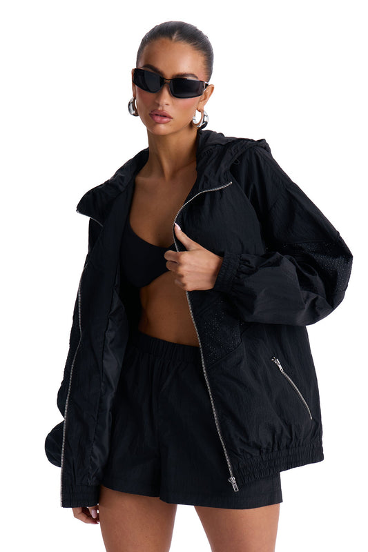 Riley Rhinestone Windbreaker Short Set - Black