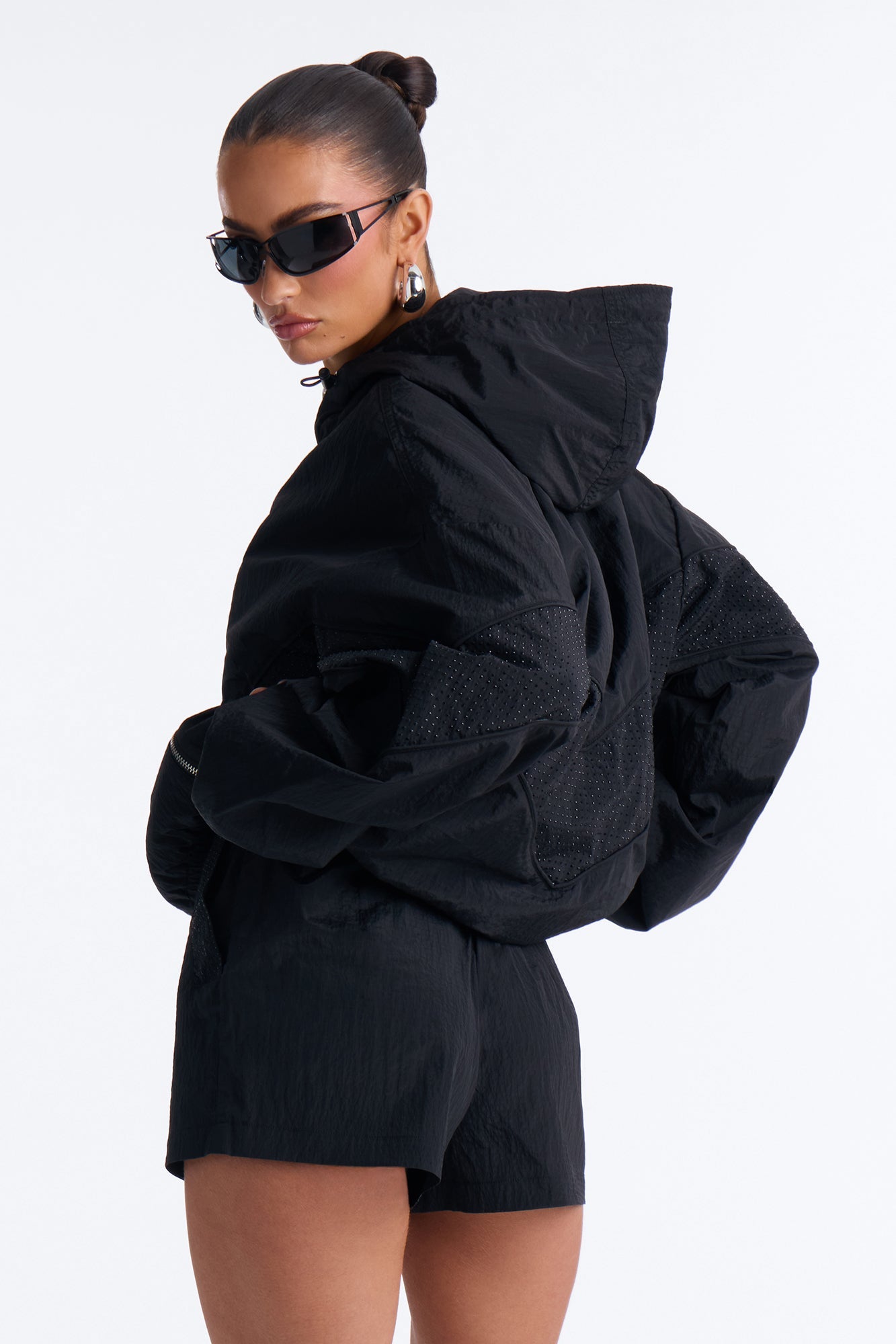 Riley Rhinestone Windbreaker Short Set - Black