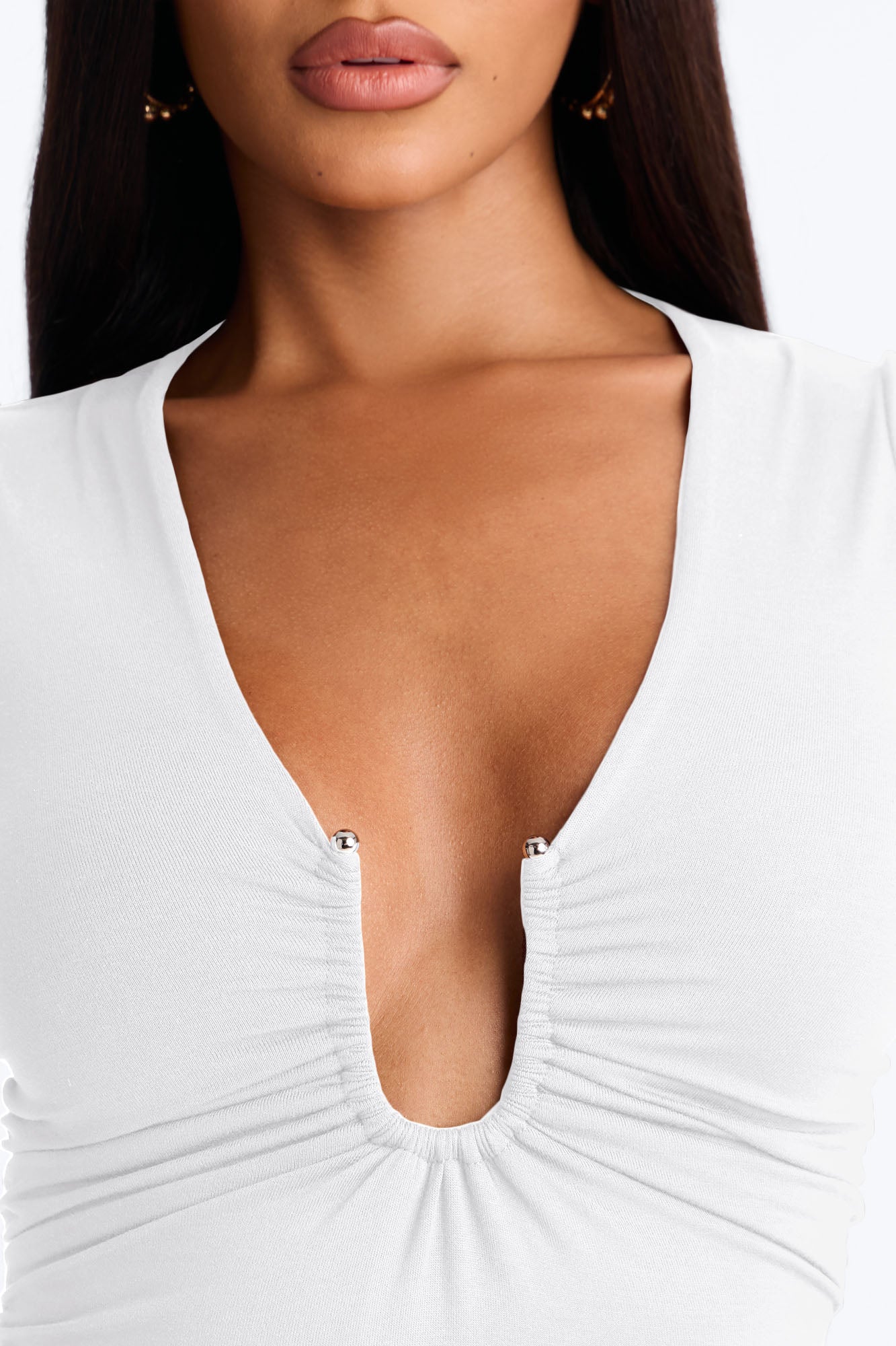 Danielle Deep V Neck Short Sleeve Bodysuit - White