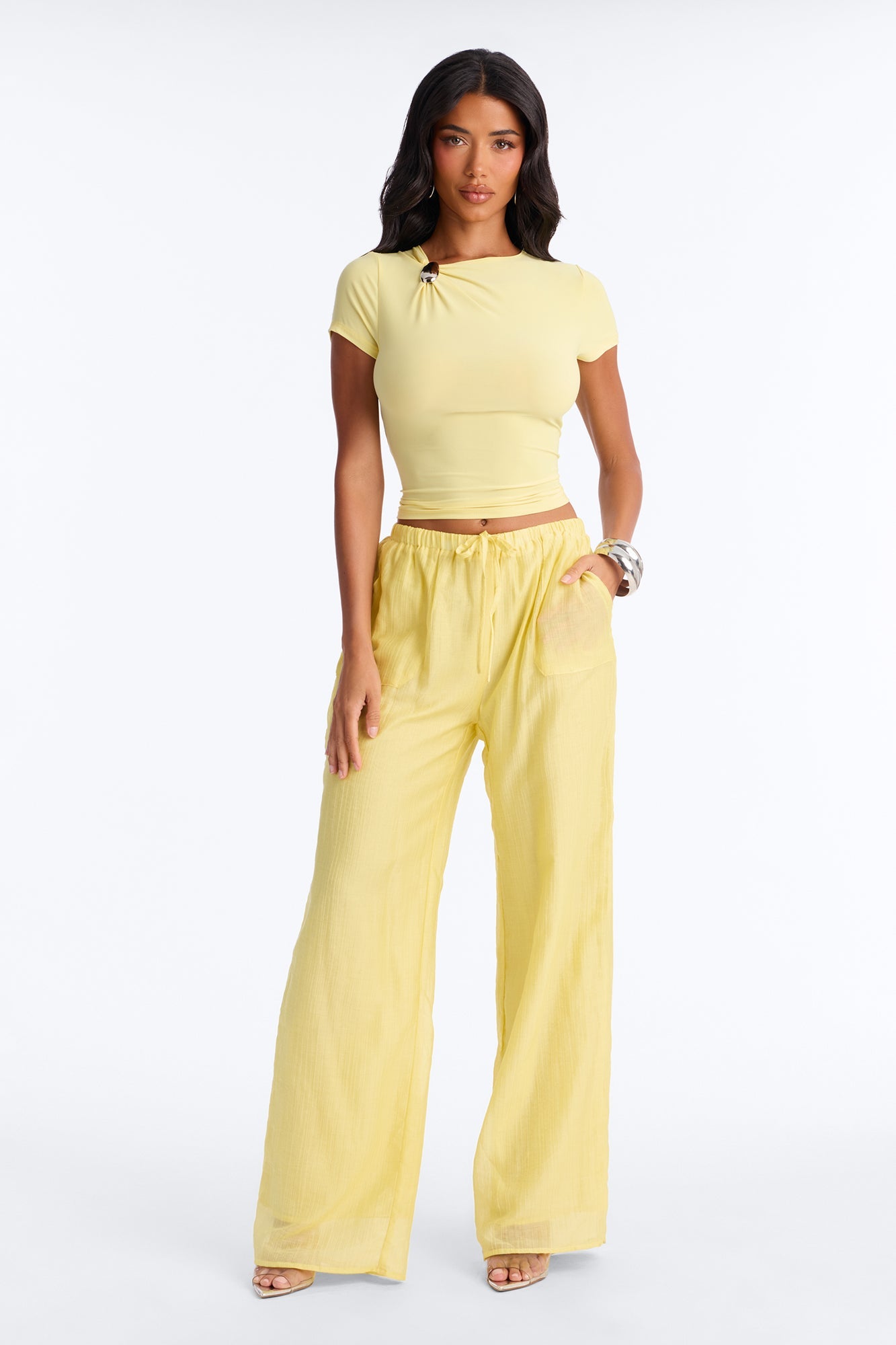 Vacay Babe Textured Wide Leg Pant - Butter Yellow