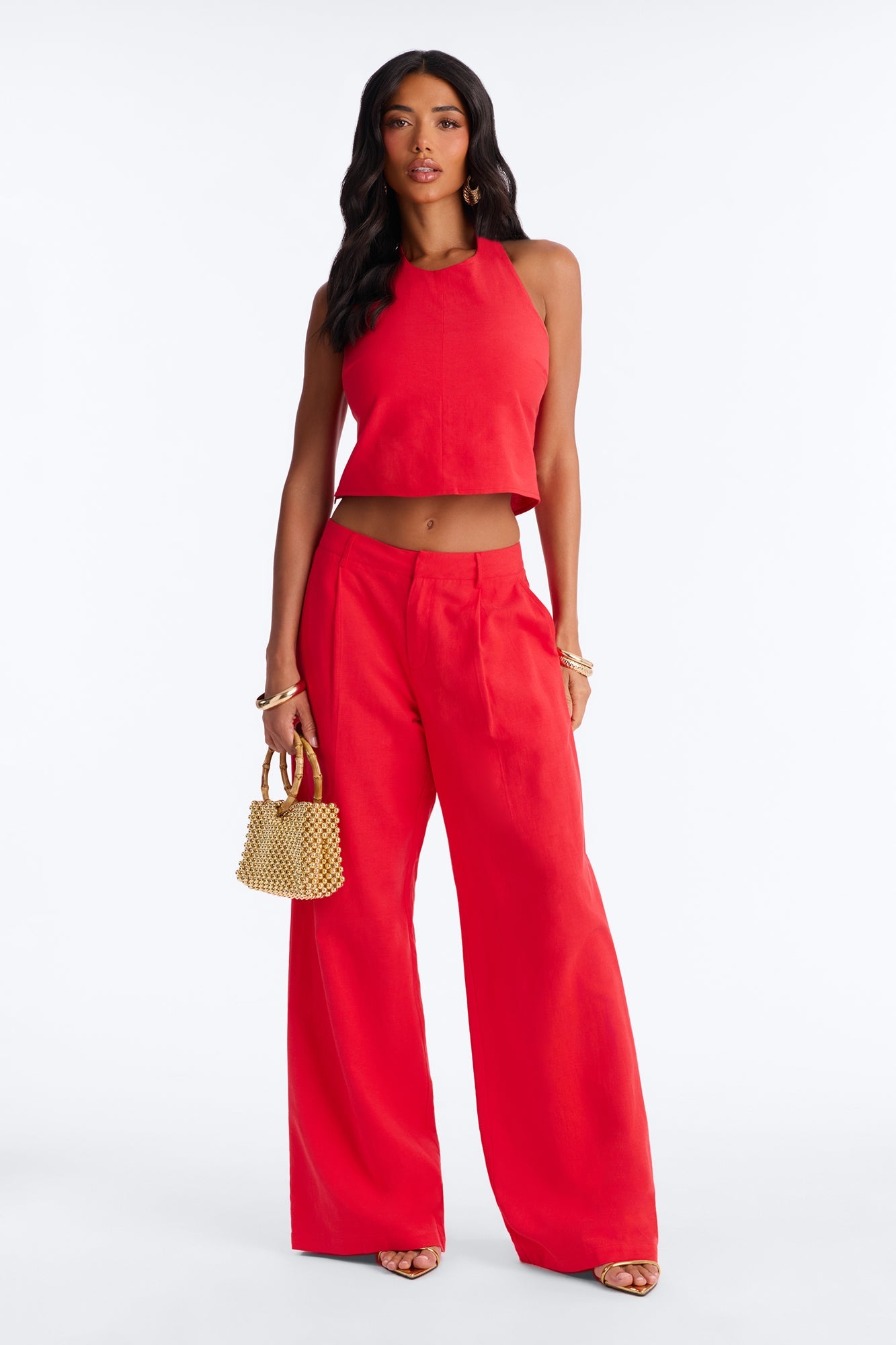 Ocean Breeze Linen Backless Halter Top - Tomato Red