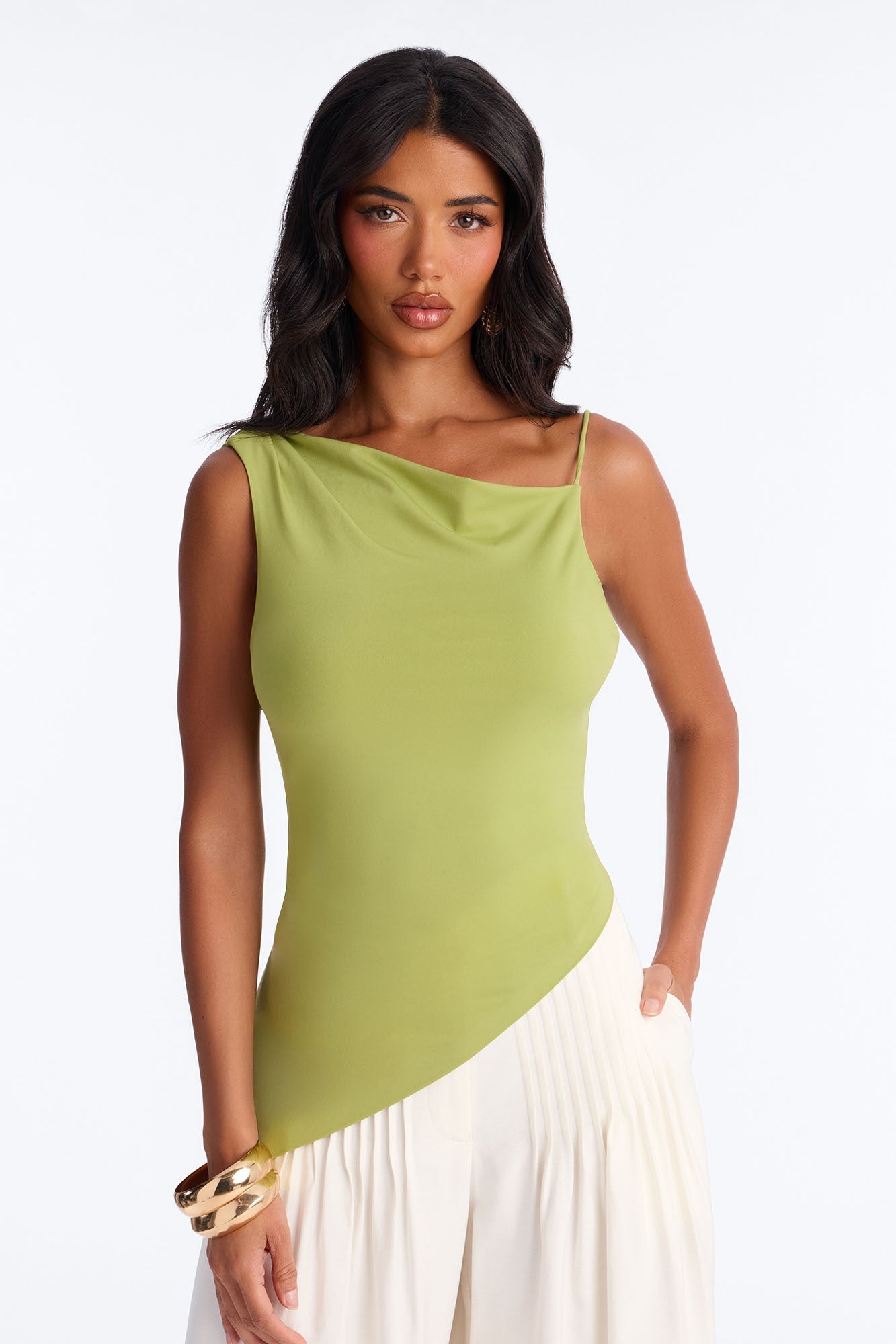 Elara Asymmetrical Twist Sleeveless Long Top - Chartreuse