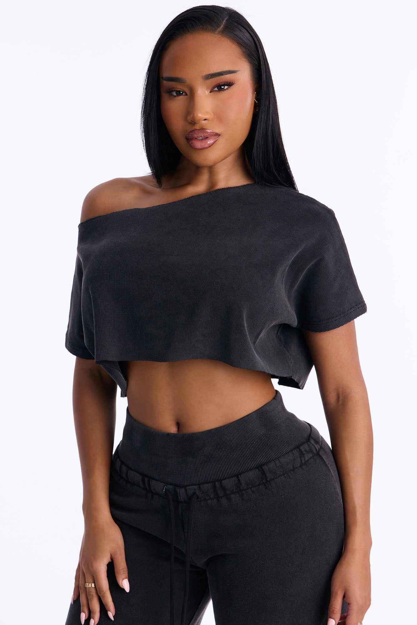 Mila Off Shoulder Top And Sweatpant Set - Charcoal