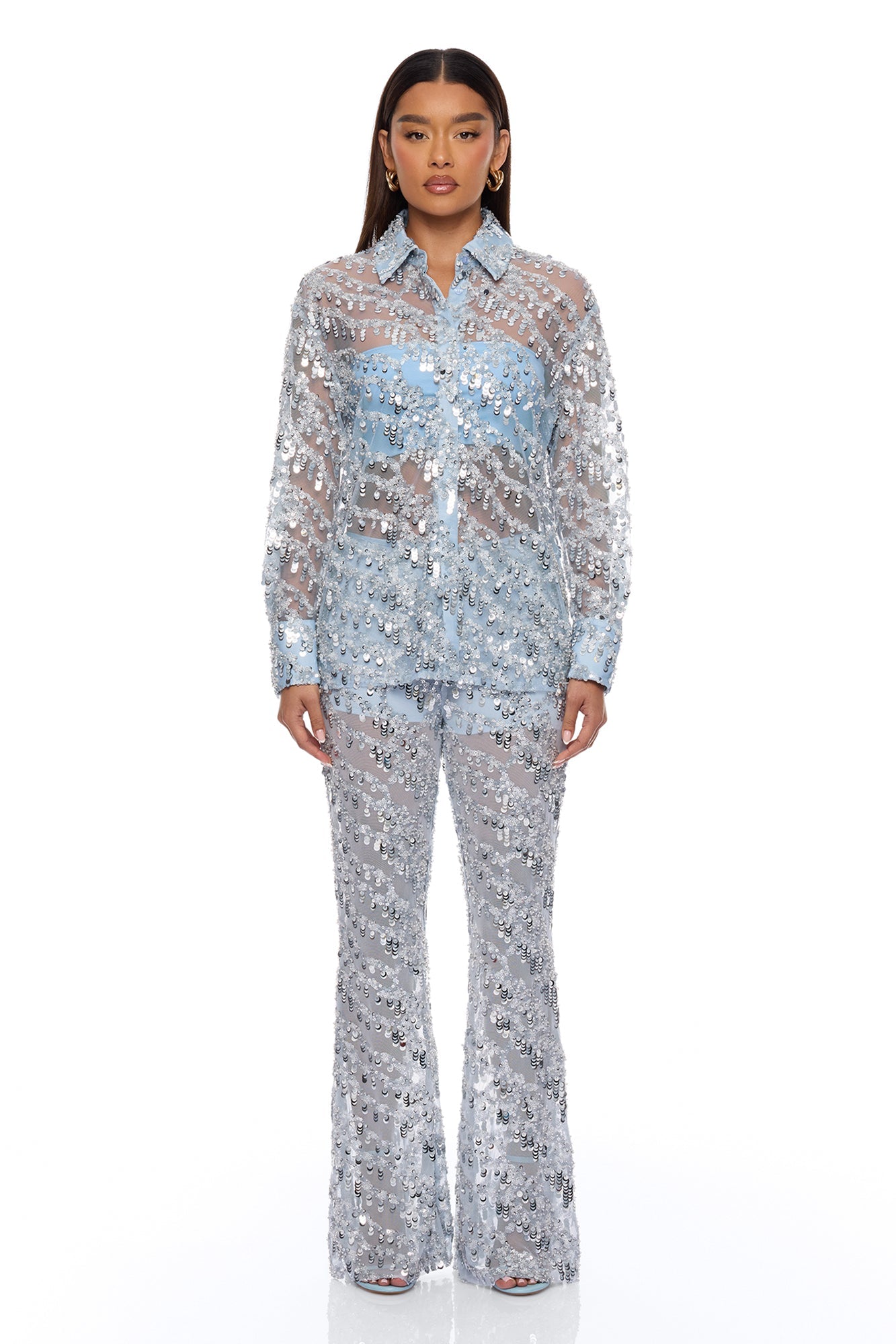 Zariah Sheer Sequin Top - Light Blue