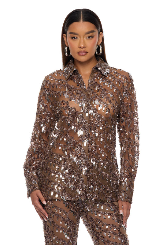 Zariah Sheer Sequin Top - Bronze
