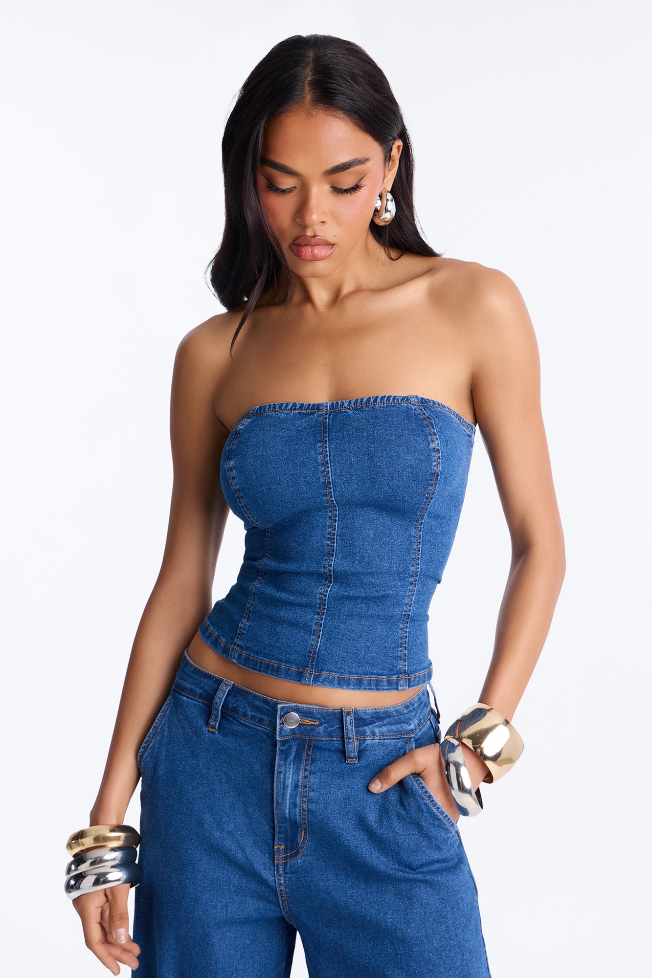 Paige Strapless Denim Pant Set - Dark Wash