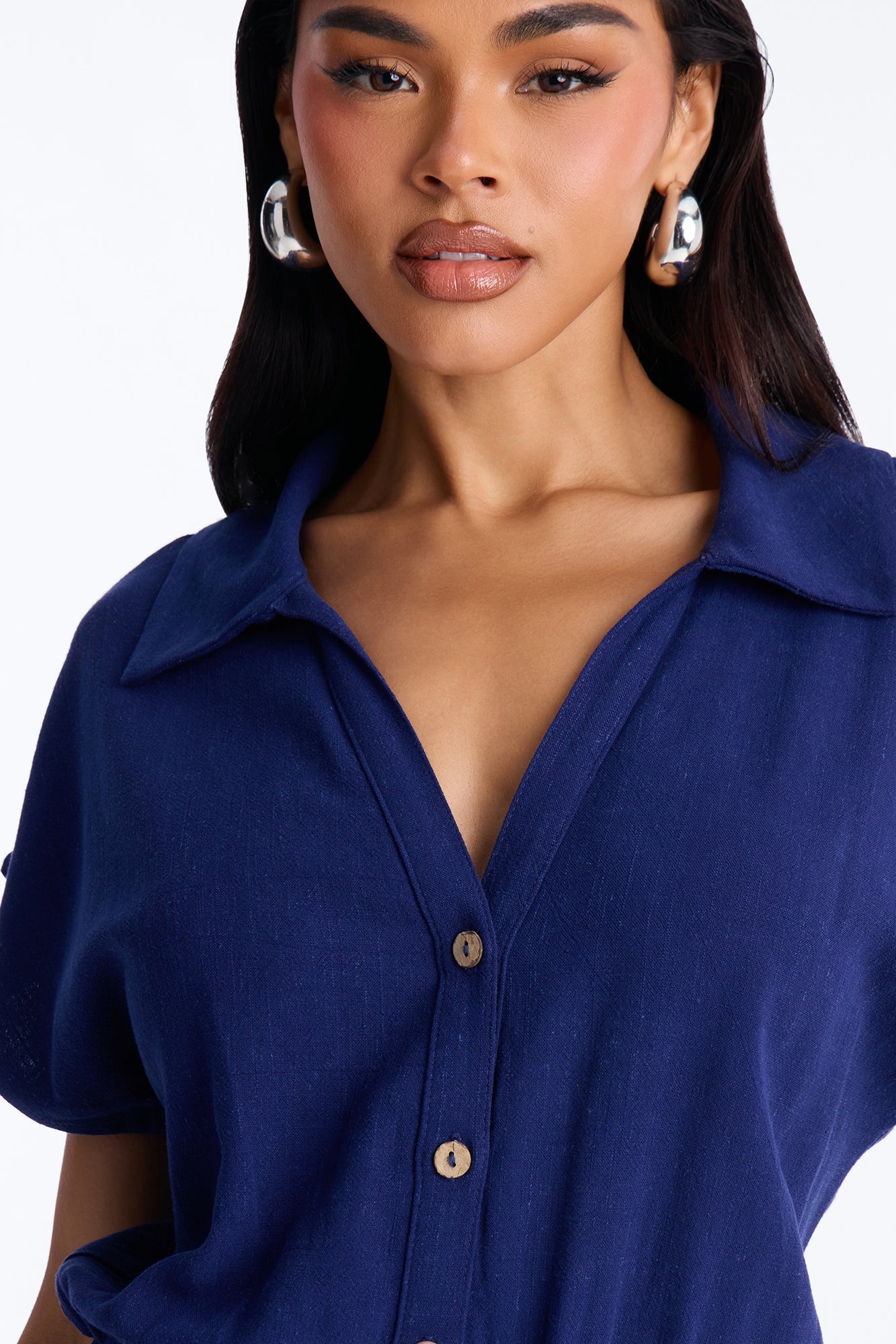 Caroline Button Up Linen Romper - Navy