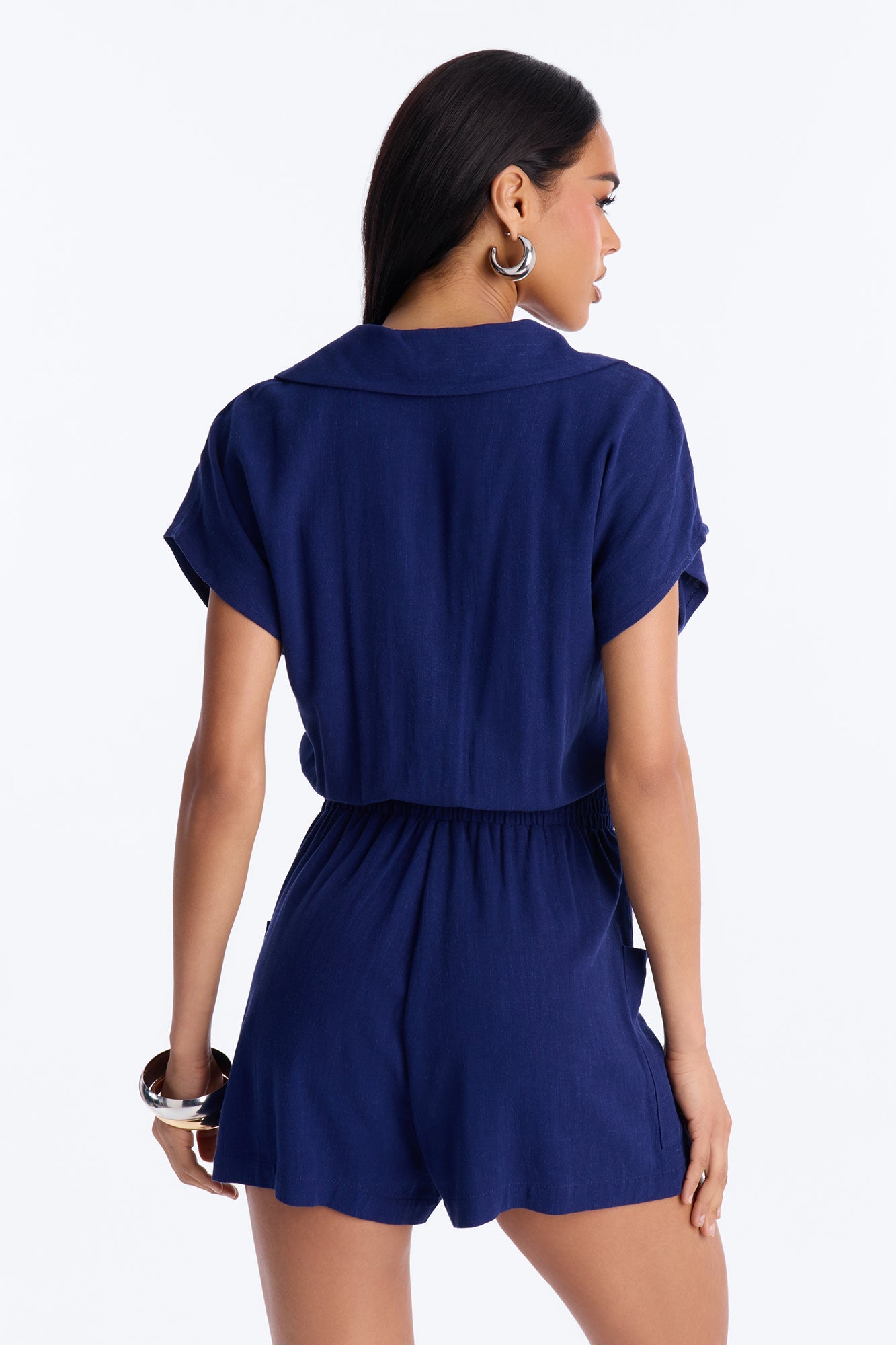 Caroline Button Up Linen Romper - Navy