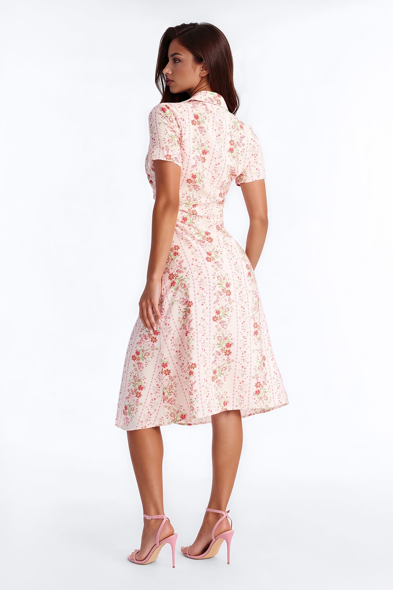 Selene Ruched Floral Midi Shirt Dress - Pink/combo