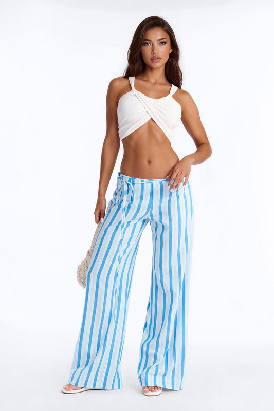 Lurice Low Rise Striped Linen Wide Leg Pant - Blue/combo