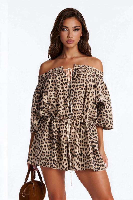 Xandra Leopard Short Sleeve Flowy Romper - Leopard