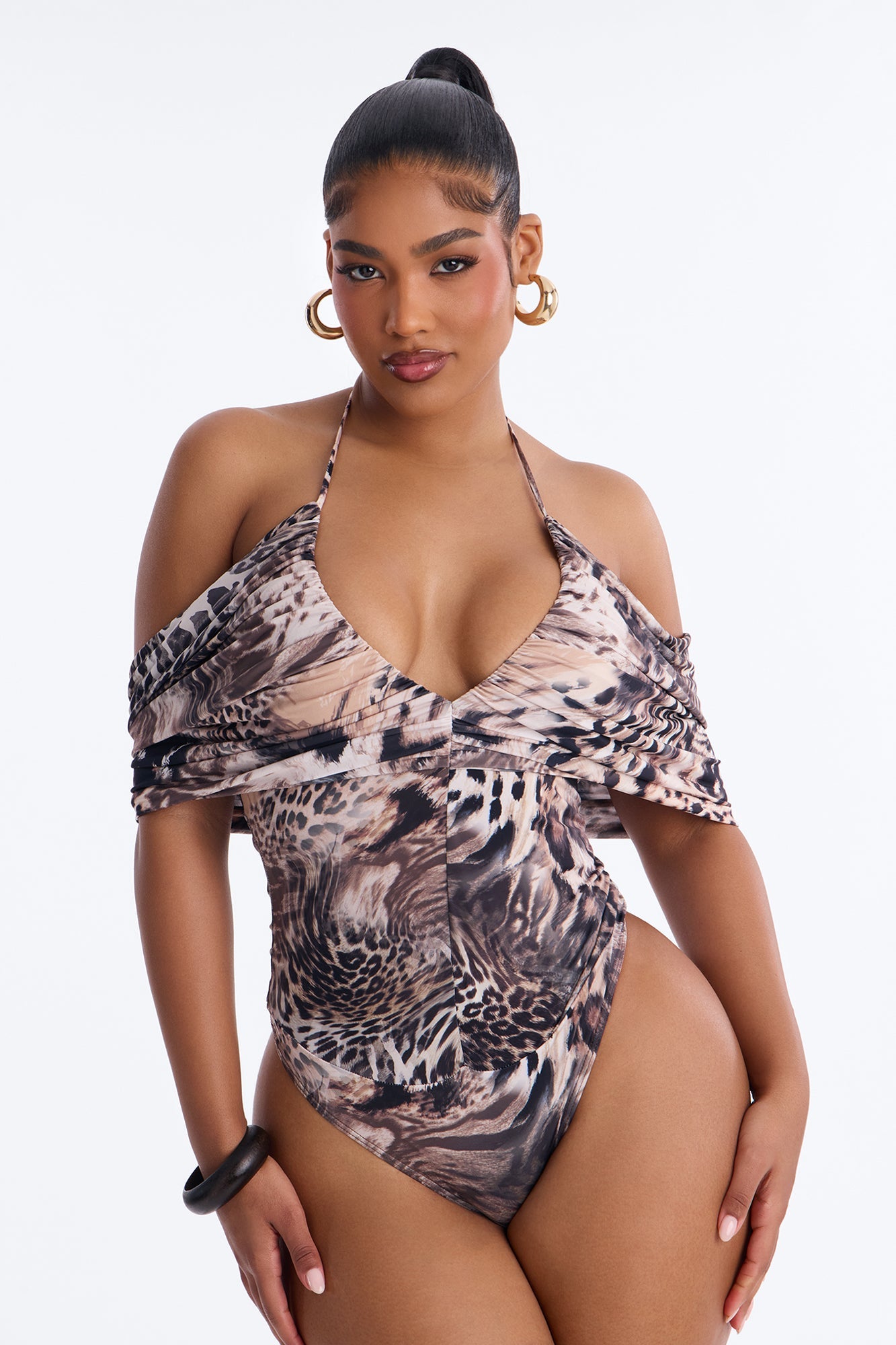 Savanna Ruched Short Sleeve Cape Bodysuit - Brown/combo