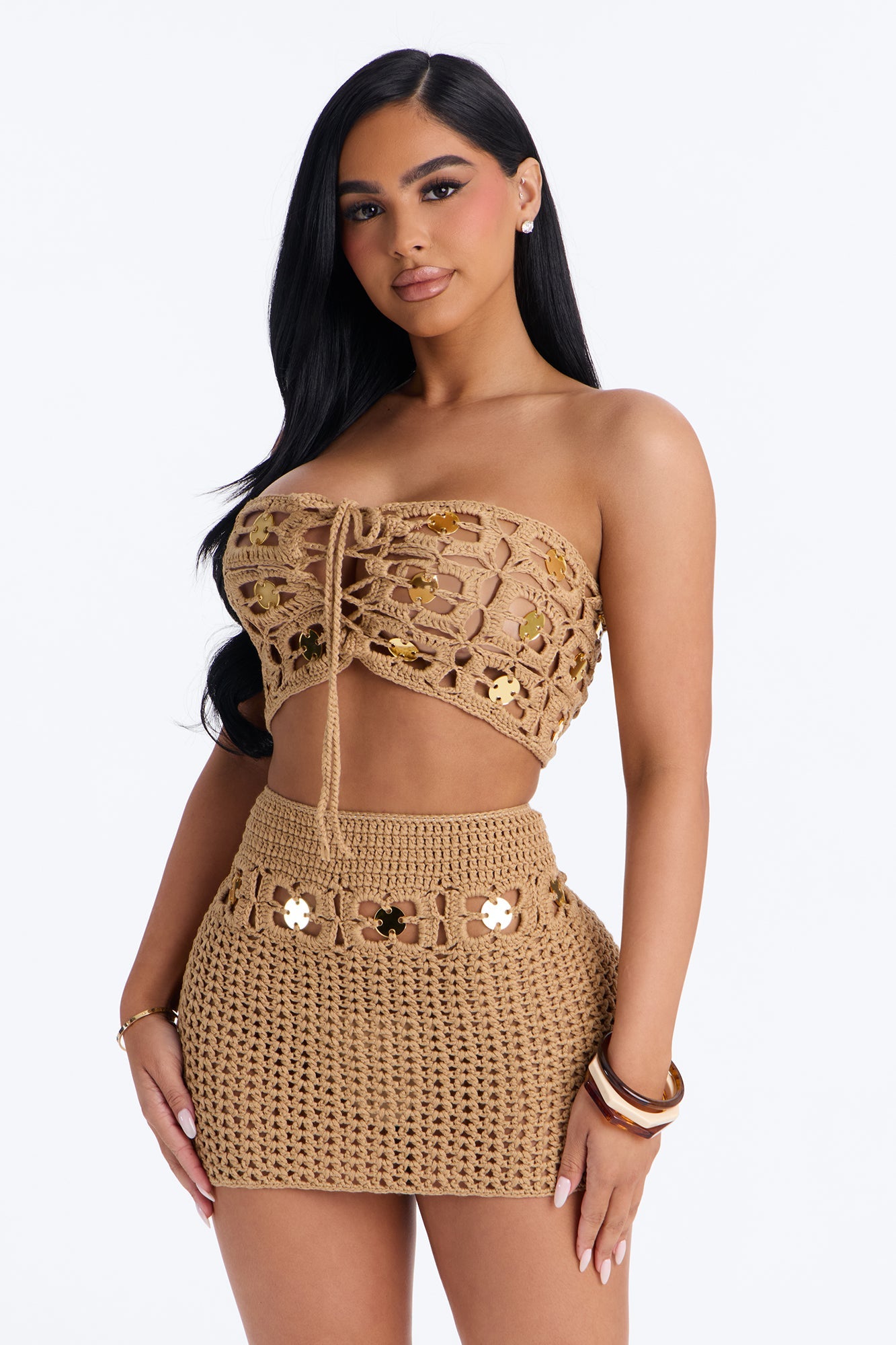 Lea Embellished Crochet Skirt Set - Taupe