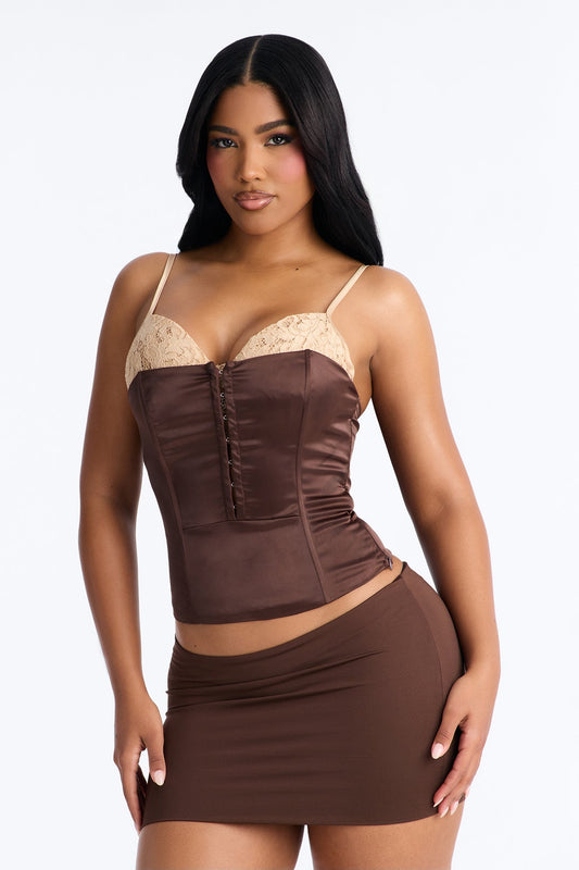 Out Of Your League Lace Contrast Satin Corset - Brown/combo