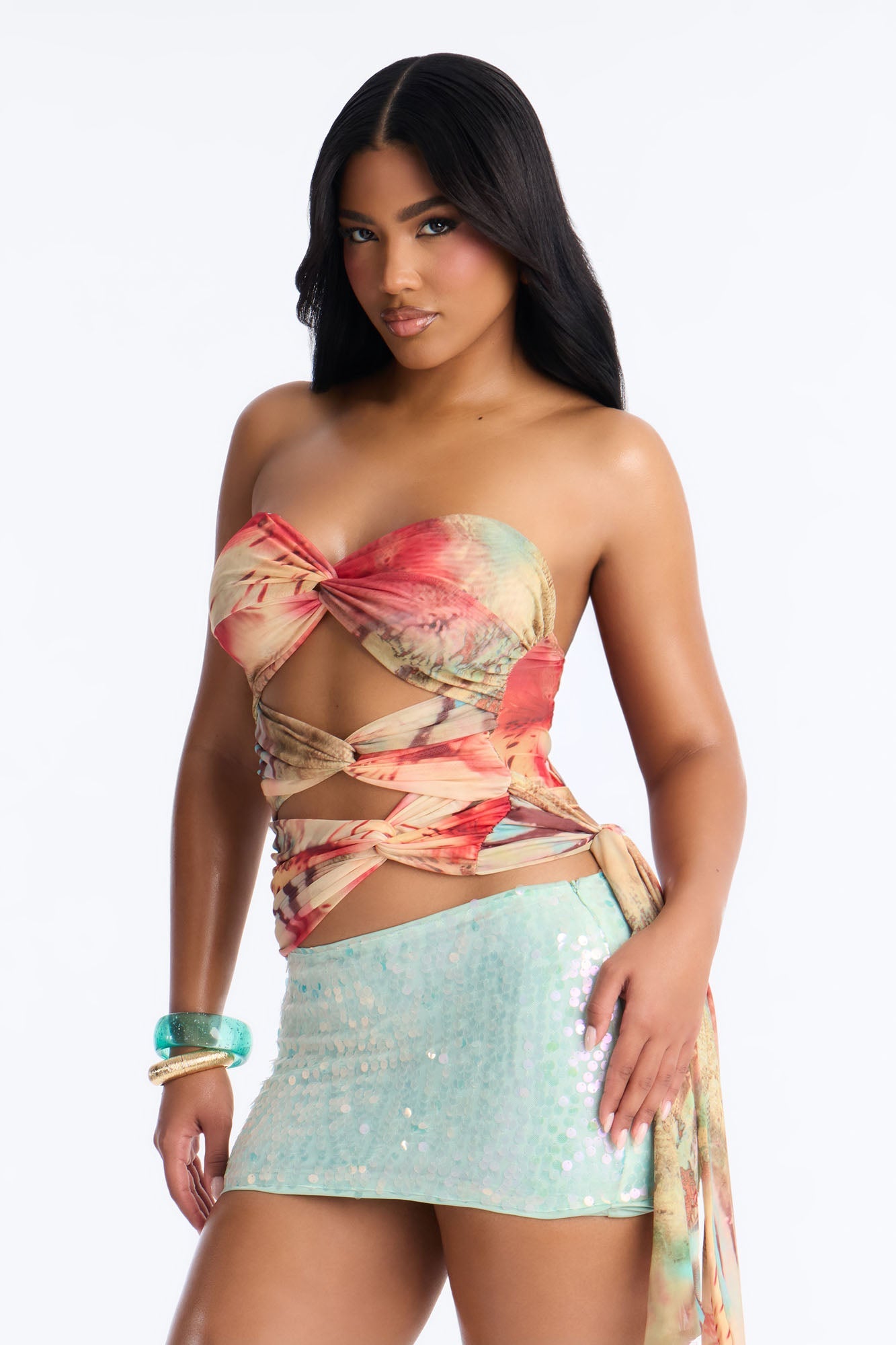 St.Tropez Sunset Tie Waist Mesh Tube Top - Multi Color