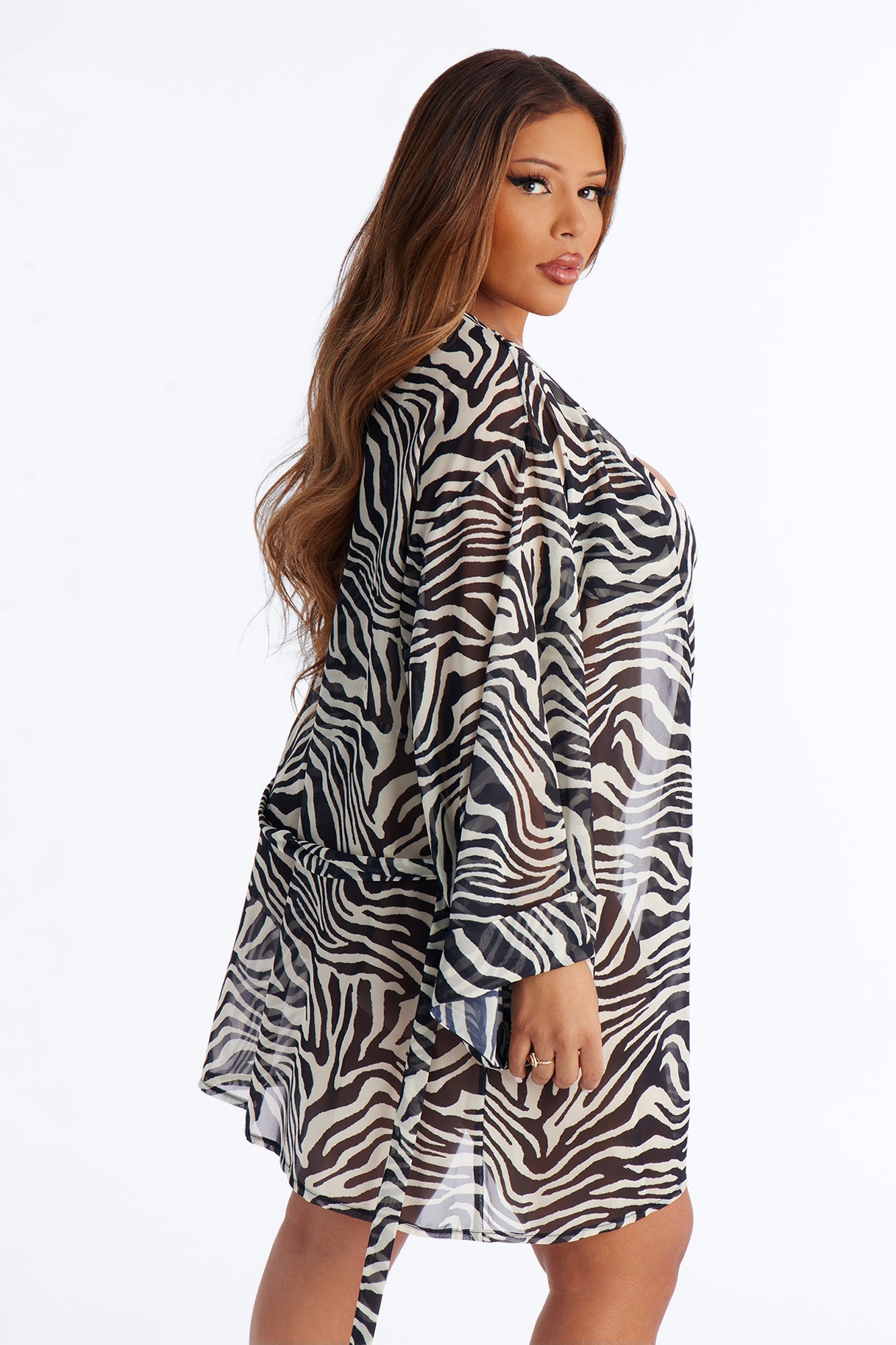 Nothing But A Stripe Waist Tie Swim Cover Up Kimono - Black/White