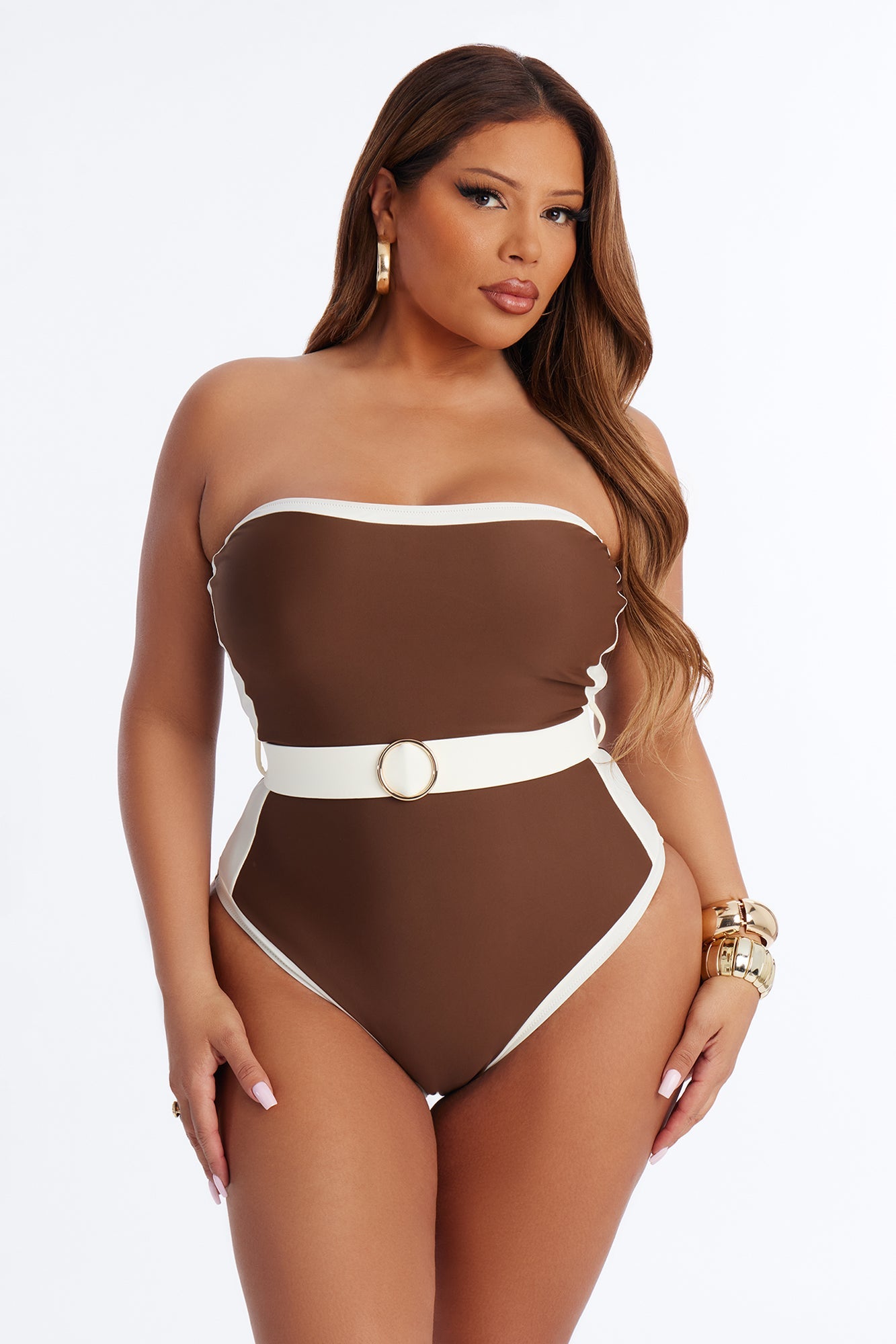 Sunny Days Colorblock Hardware Strapless 1 Piece Swimsuit - Brown/combo