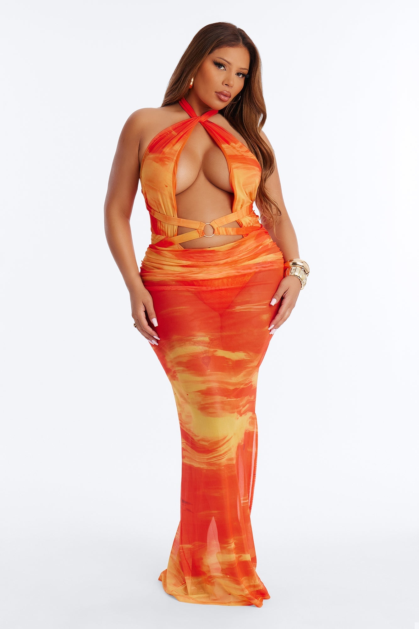 Sunset Swim 1 Piece Swimsuit & Skirt - Orange/combo