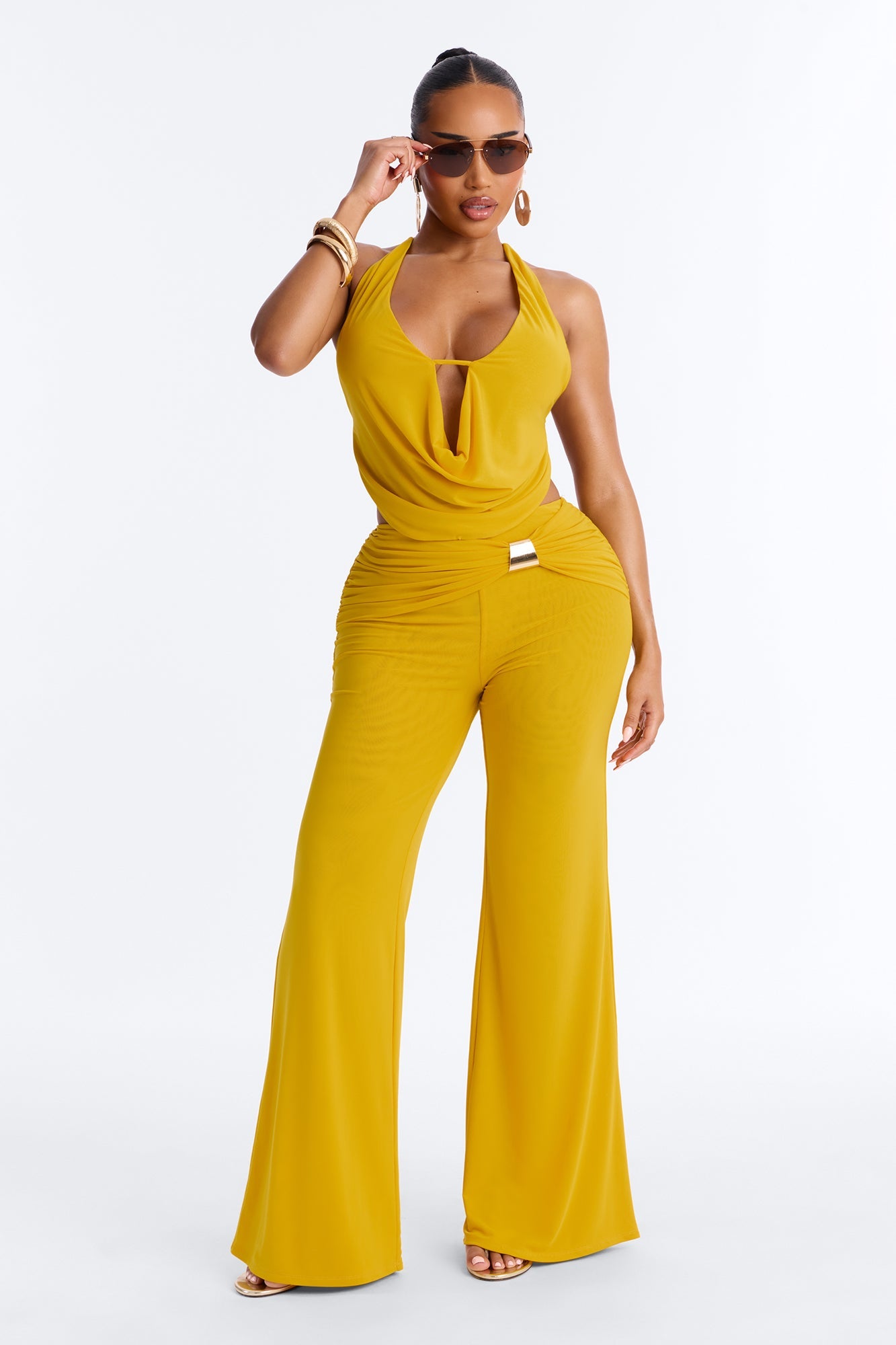 Rayna Halter Mesh Pant Set - Mustard