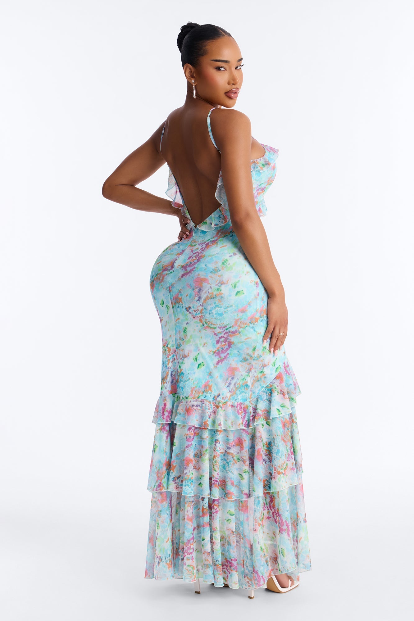 Dylan Ruffle Floral Mesh Maxi Dress - Blue/combo