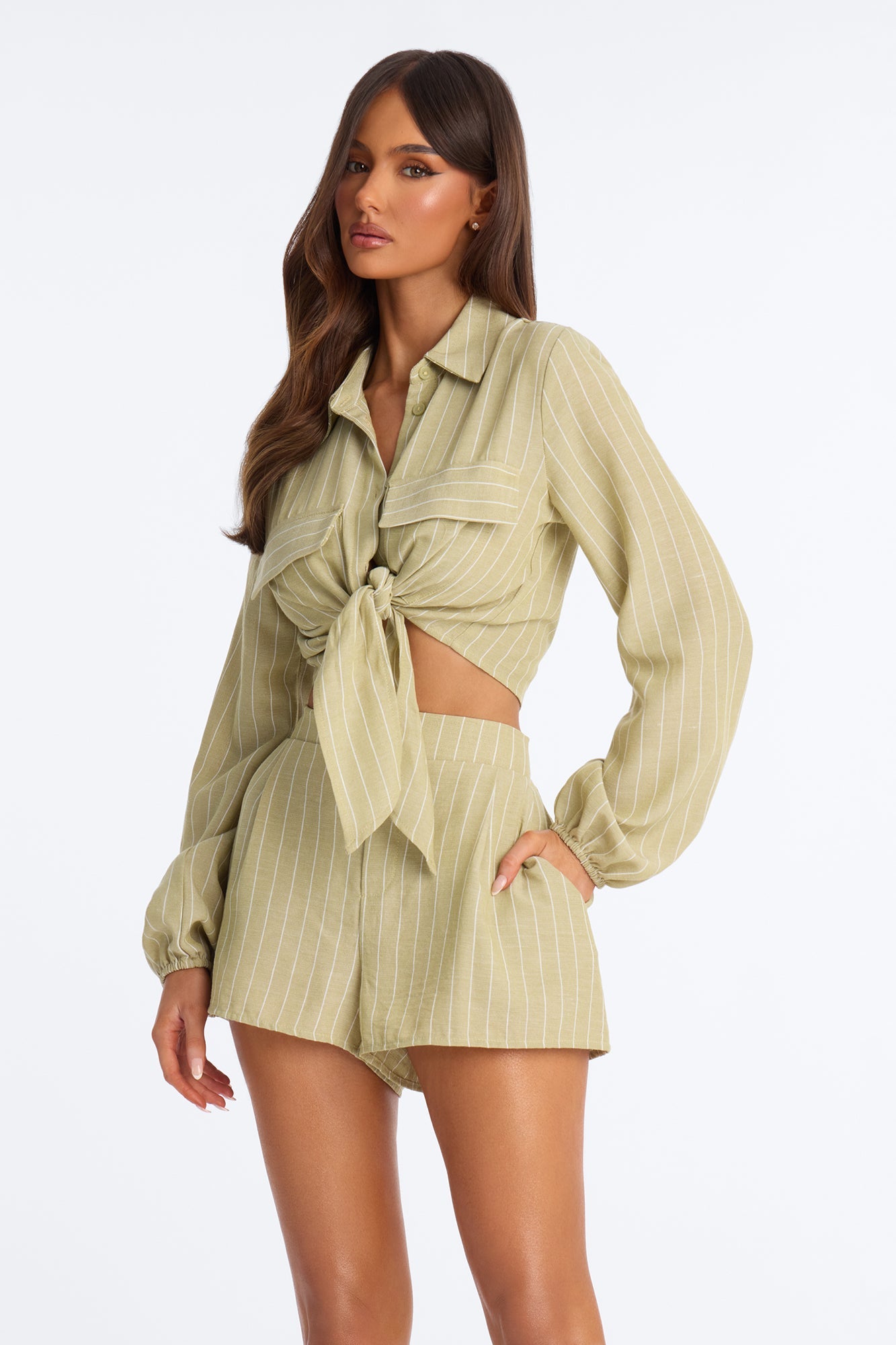 Kat Linen Button Up Short Set - Sage