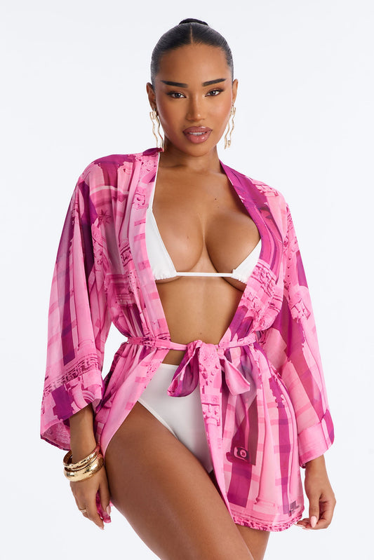 Enjoy The Waves Novelty Swim Cover Up Kimono - Pink