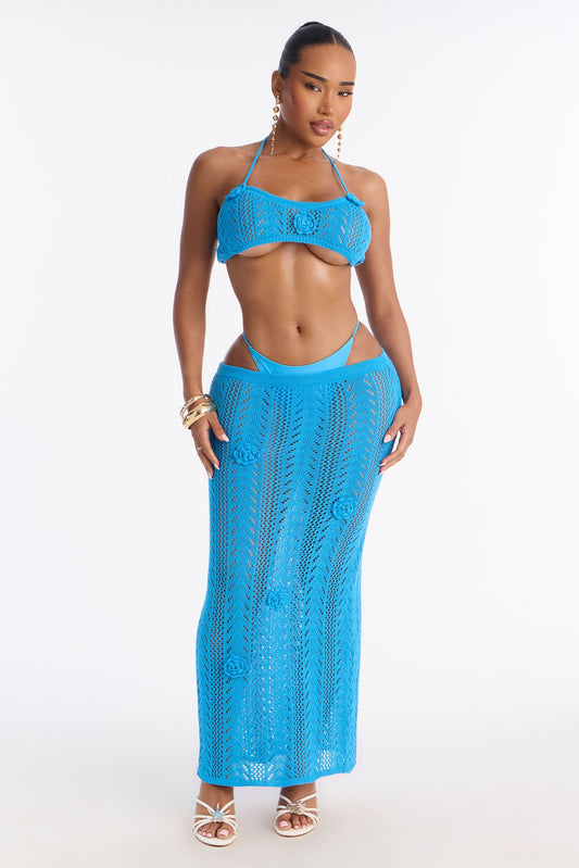 Seas The Bloom 3 Piece Floral Swim Crochet Cover Up Skirt Set - Blue