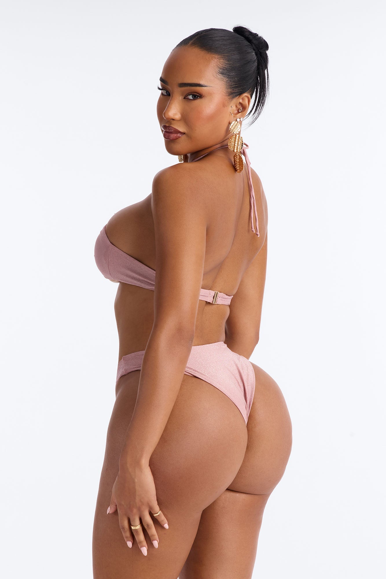 See Me Shimmer Hardware High Slit 3 Piece Bikini Skirt Set - Rose