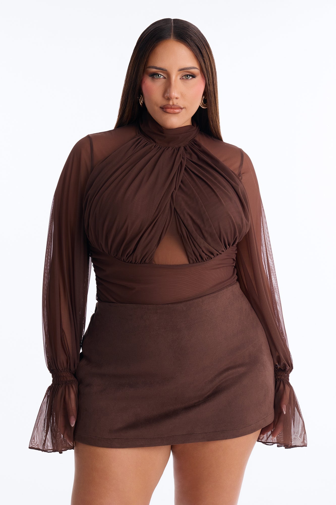 Juliet Ruched Mesh Long Sleeve Bodysuit - Brown
