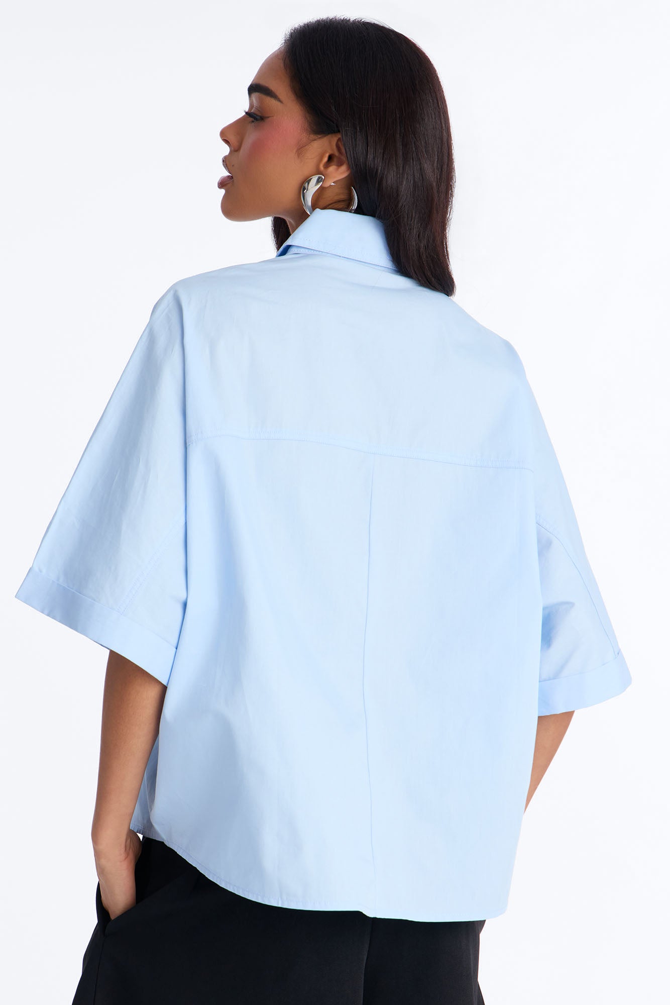 Sancie Oversized Poplin Button Up Shirt - Blue