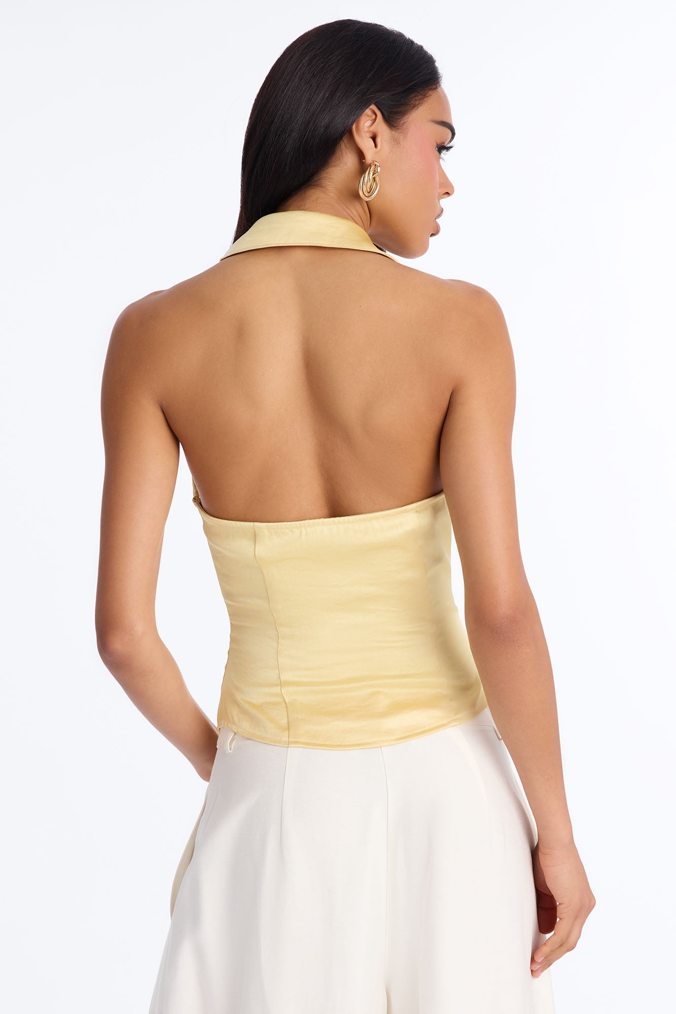 Simply That Girl Lace Up Satin Halter Top - Yellow