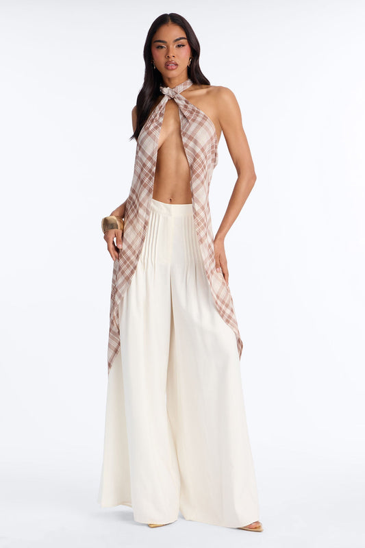 Plaid Vision Mesh Flyaway Halter Top - Cream/combo