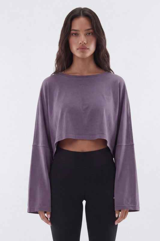 Cotton Jersey Long Sleeve Cropped Top - Iris