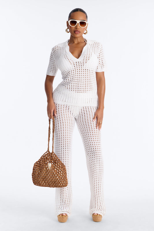 Keleigh 2 Piece Crochet Swim Cover Up Top & Pant Set - White
