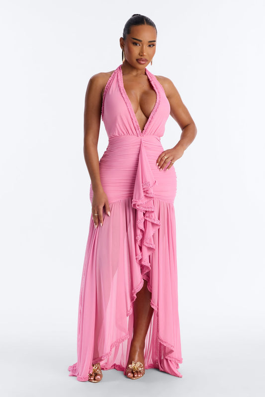Alessandra Ruched Ruffle Gown - Pink