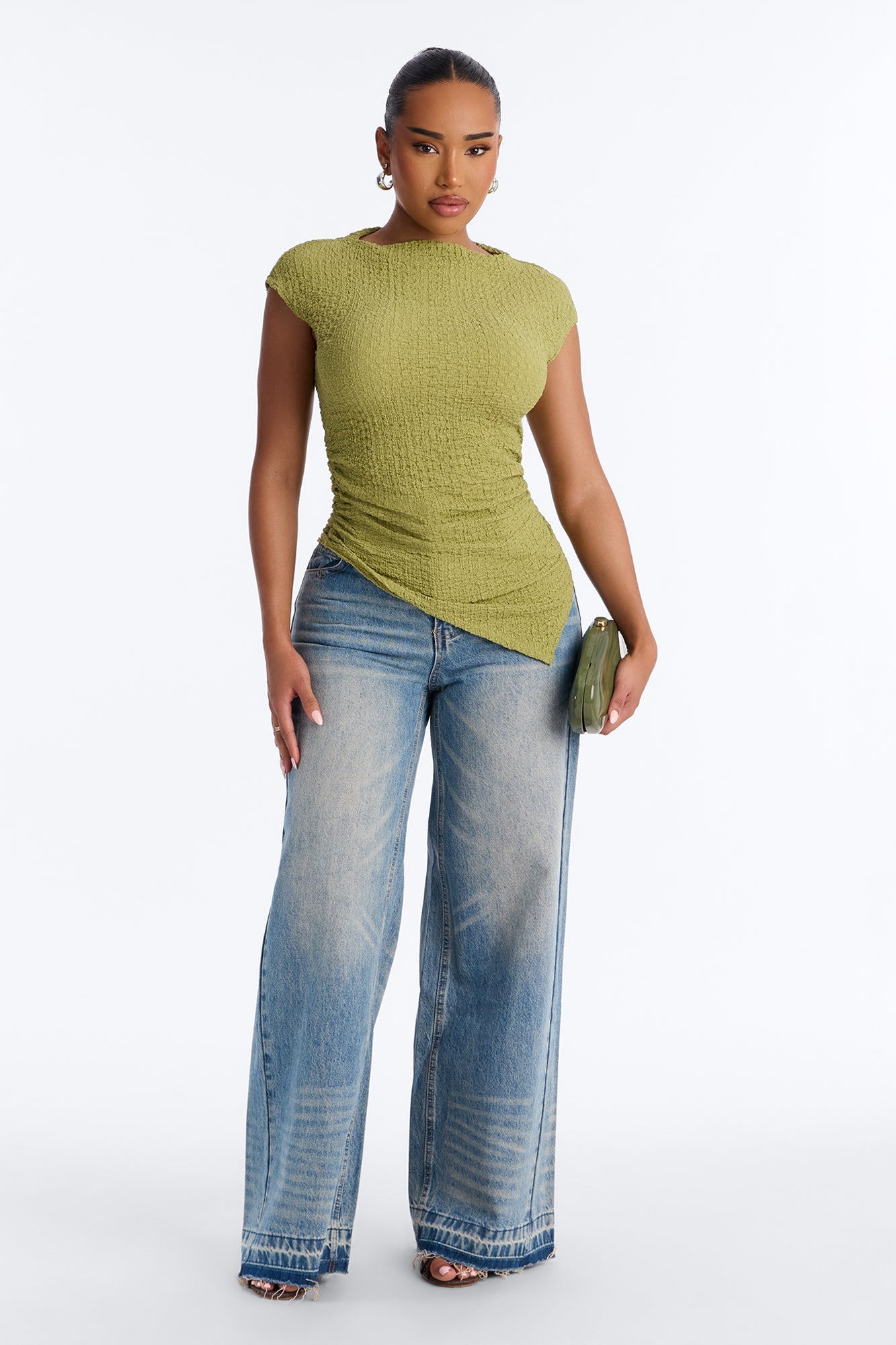 Isla Textured Mock Neck Asymmetrical Short Sleeve Top - Sage