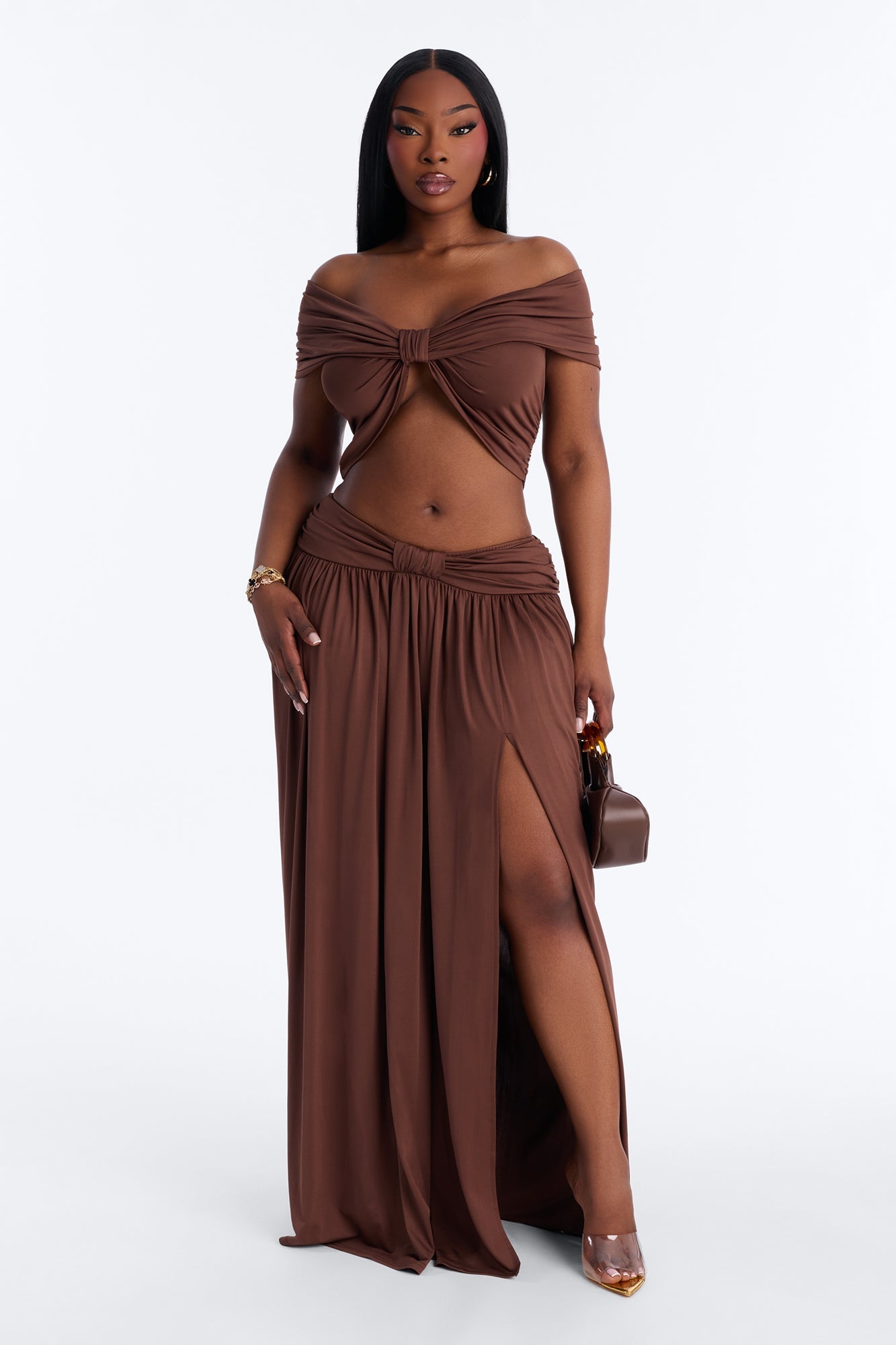 Rae Ruched Off The Shoulder Knit Top - Chocolate