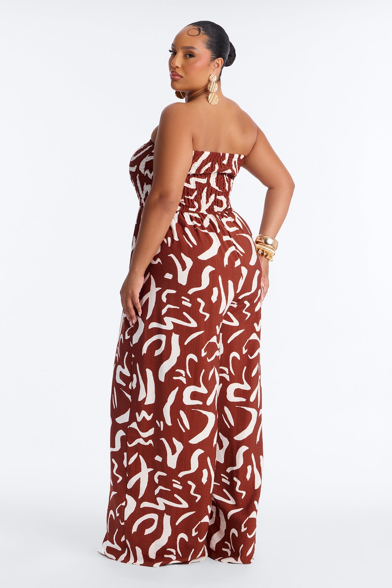 Faye Strapless Abstract Wide Leg Jumpsuit - Rust/combo