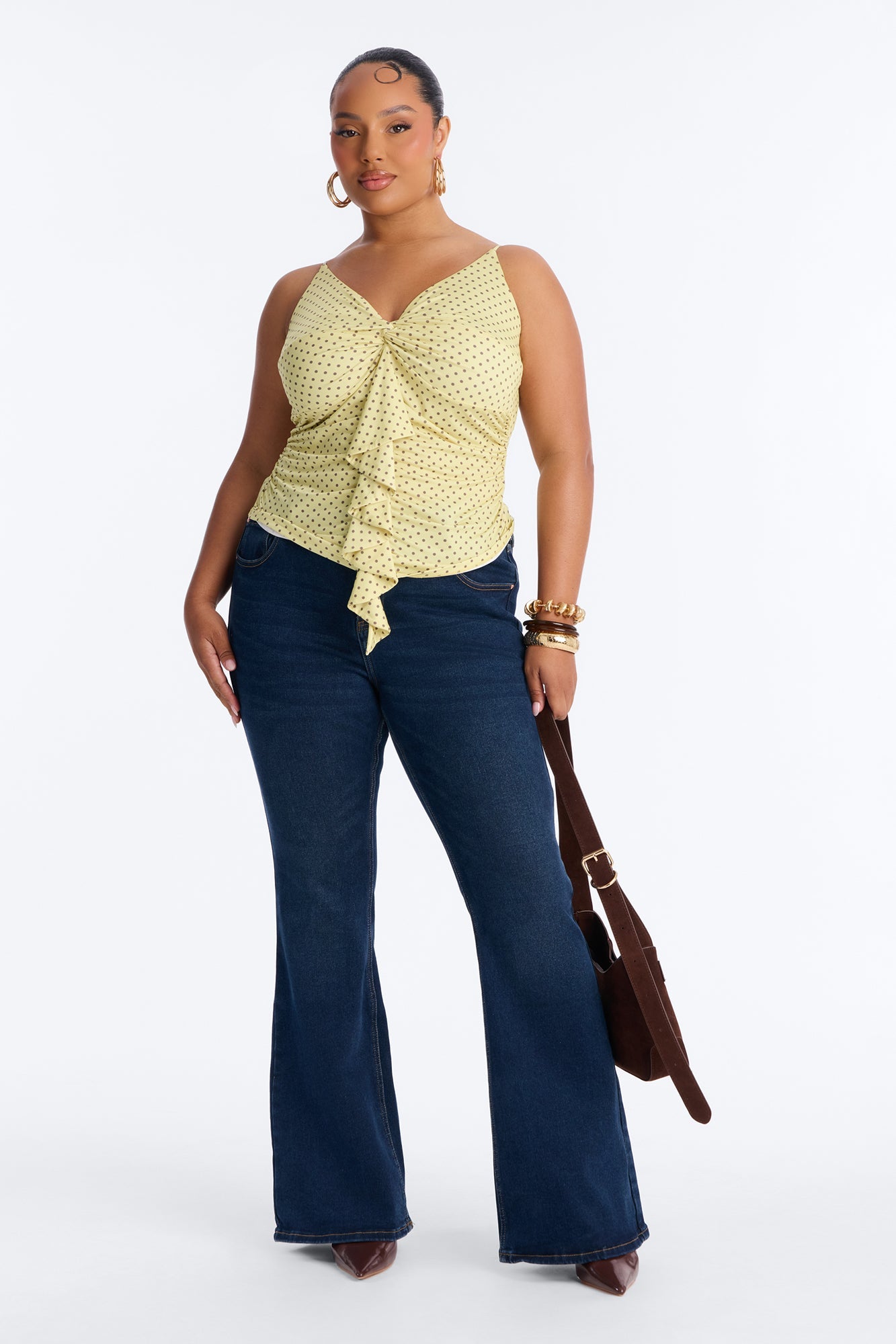 Sunny Polka Dot Ruffle Twist Tank Top - Yellow/combo