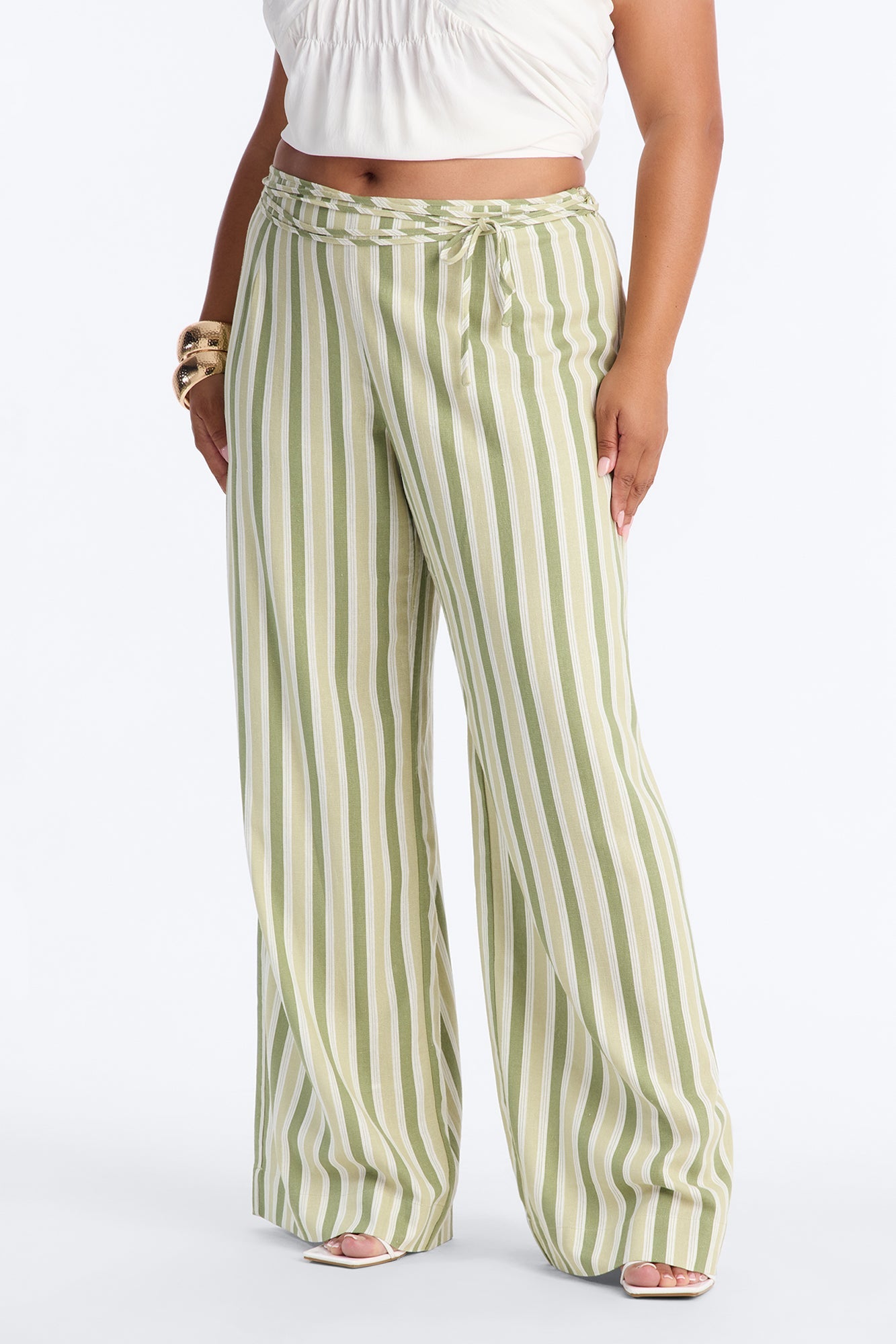 Lurice Low Rise Striped Linen Wide Leg Pant - Sage/combo