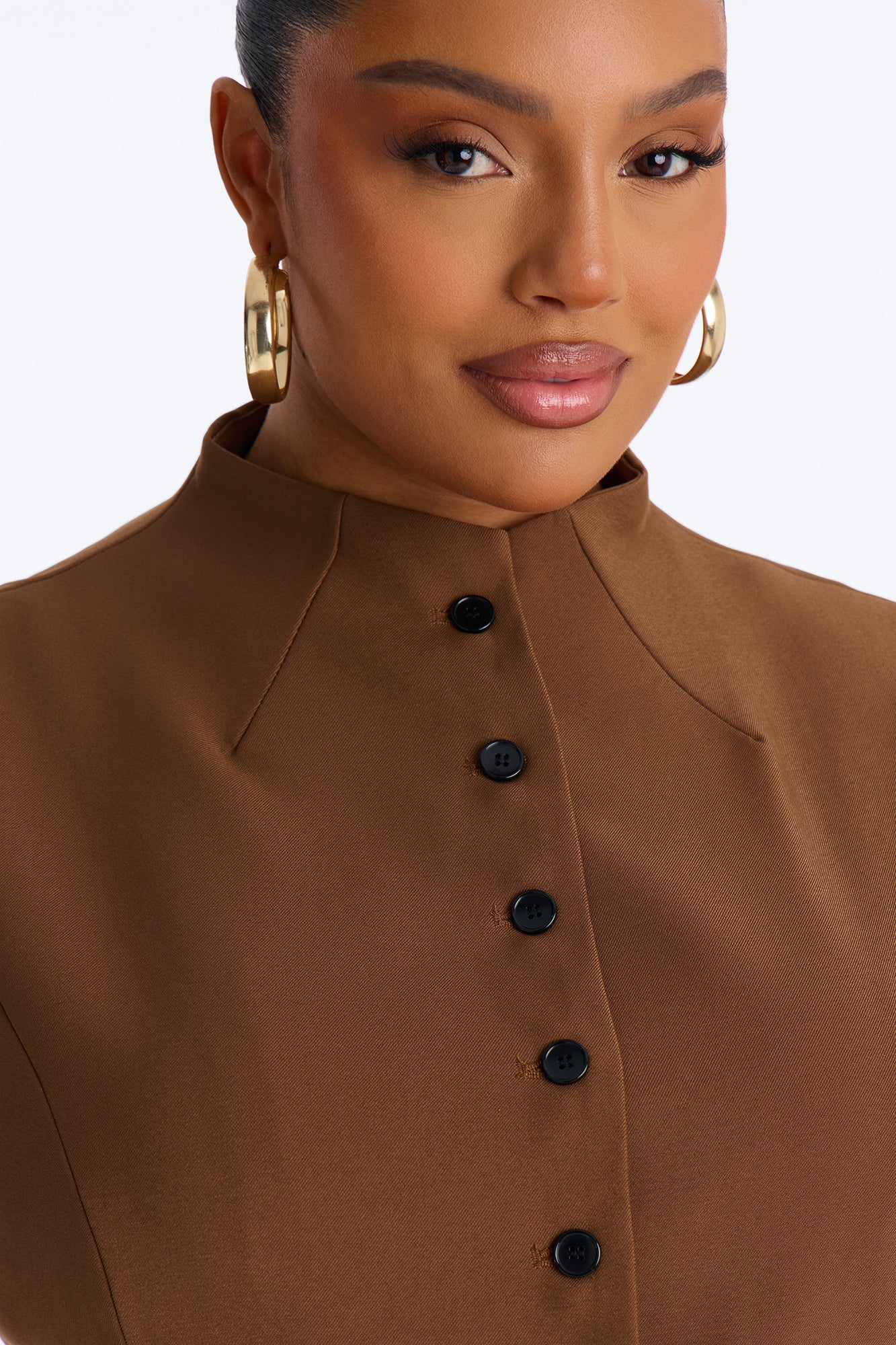 Lana Mock Neck Twill Top - Mocha