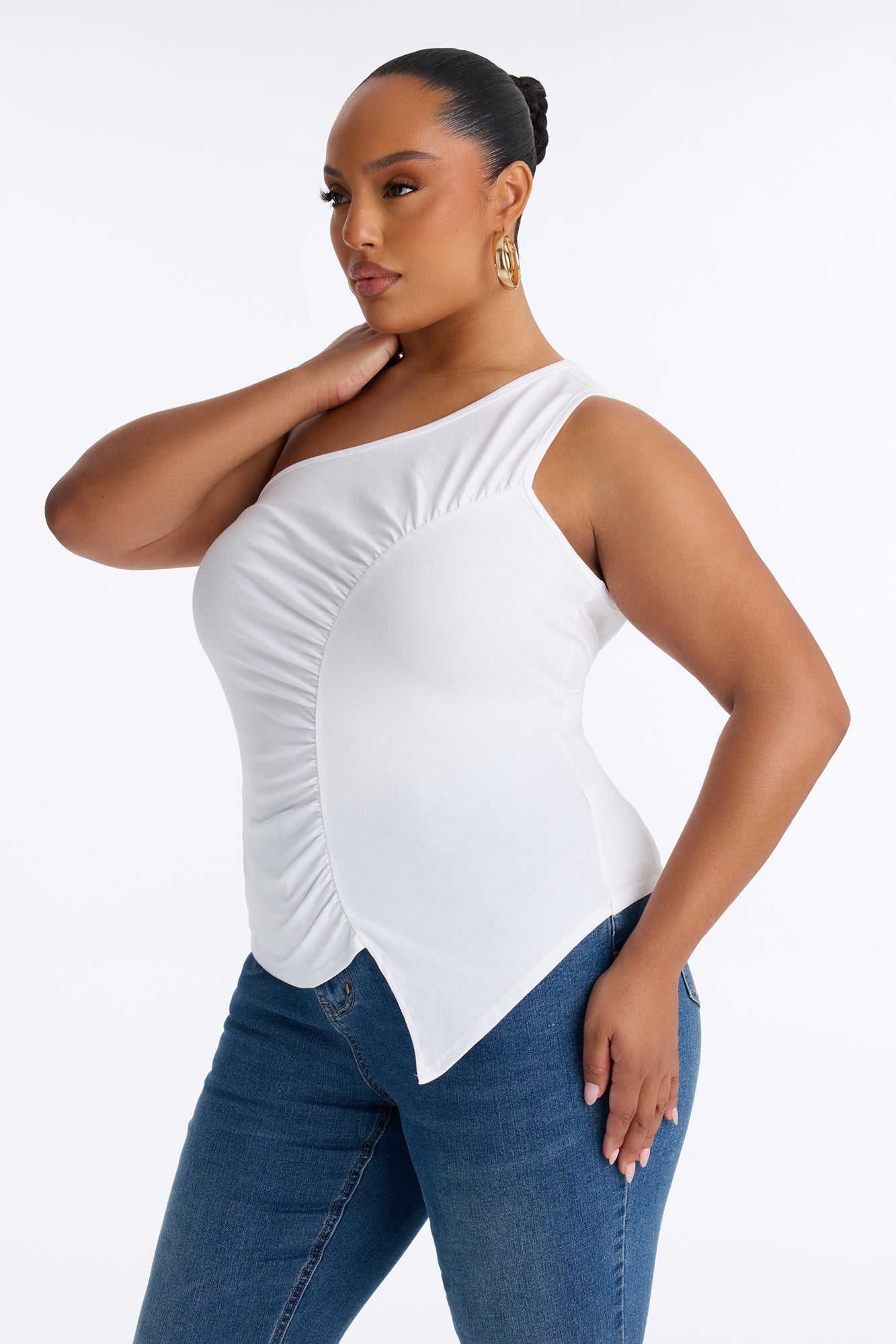 Malika Ruched One Shoulder Sleeveless Top - White