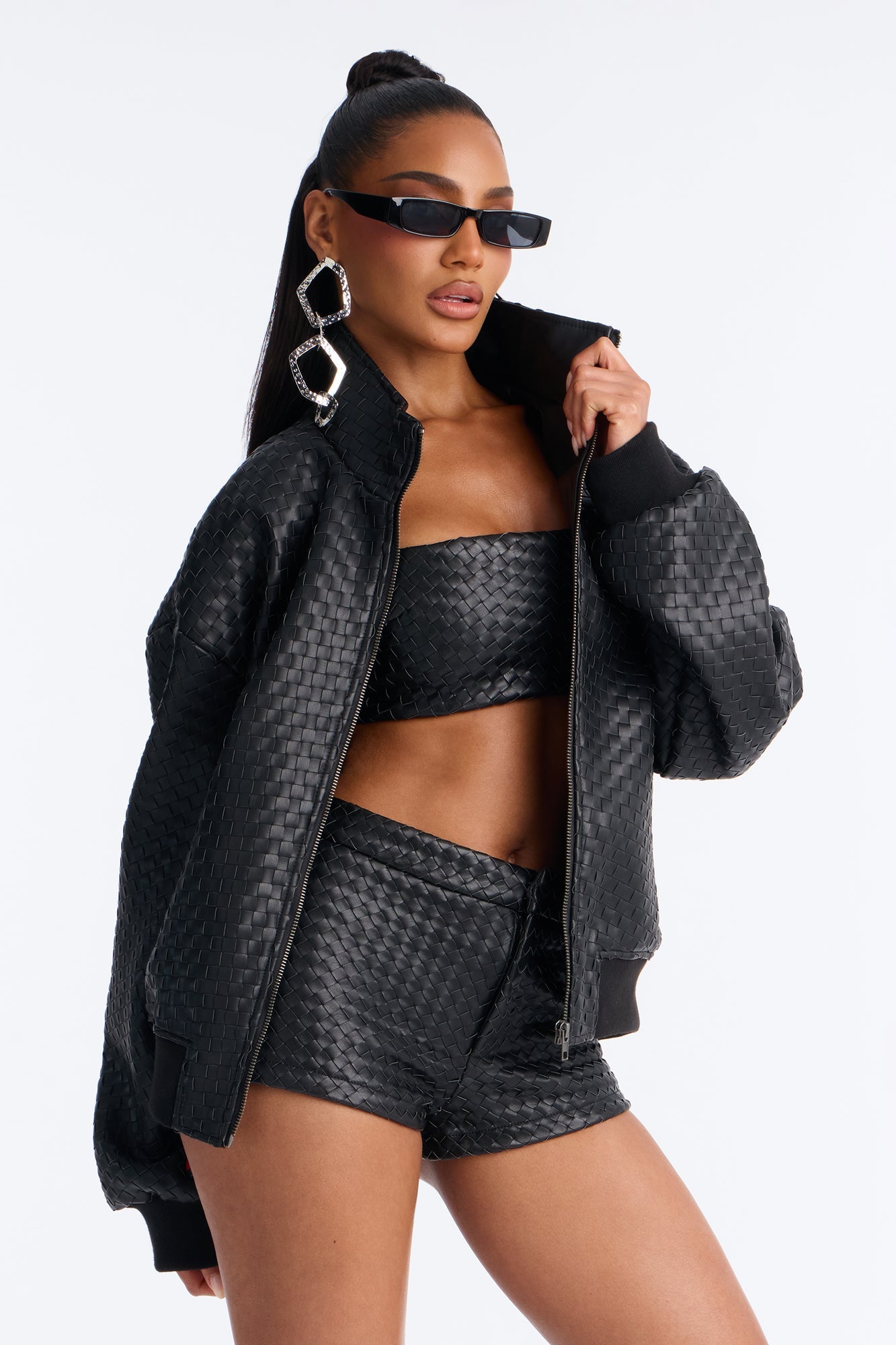 Vivian Woven Faux Leather Bomber Jacket - Black