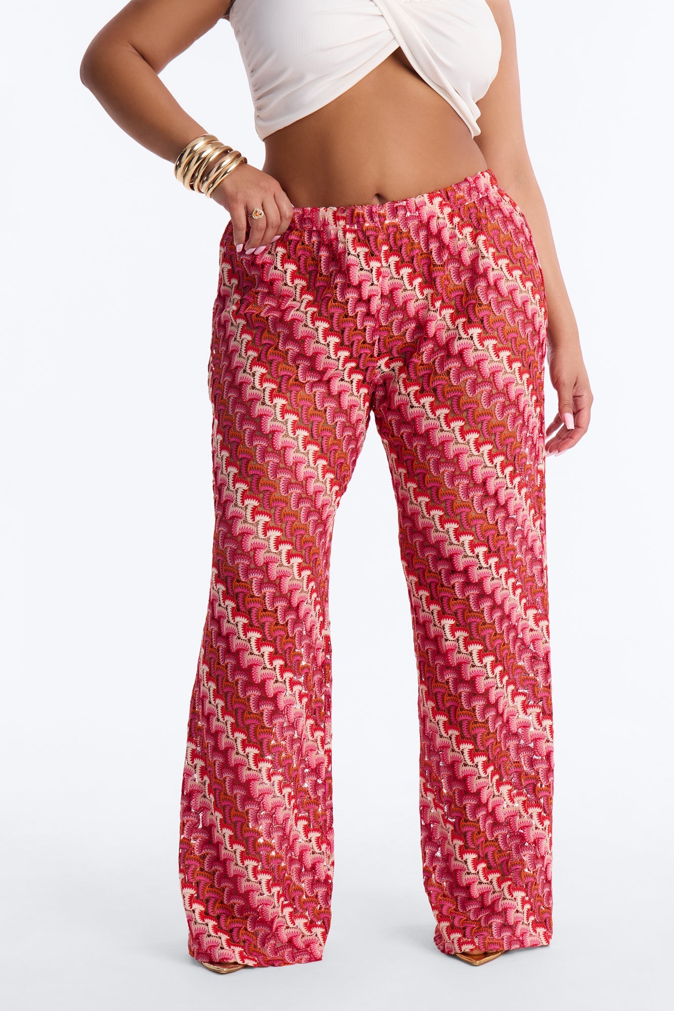 Sunset Seeker Low Rise Crochet Wide Leg Pant - Pink/combo