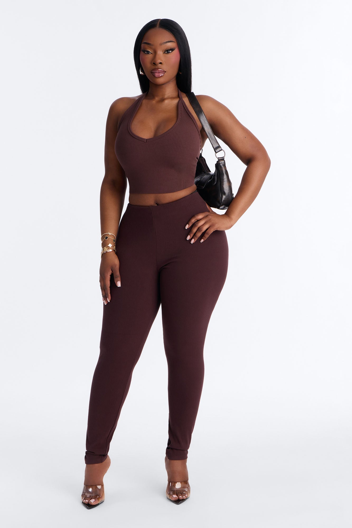 Ultra Ribbed Mid Rise Legging - Chocolate