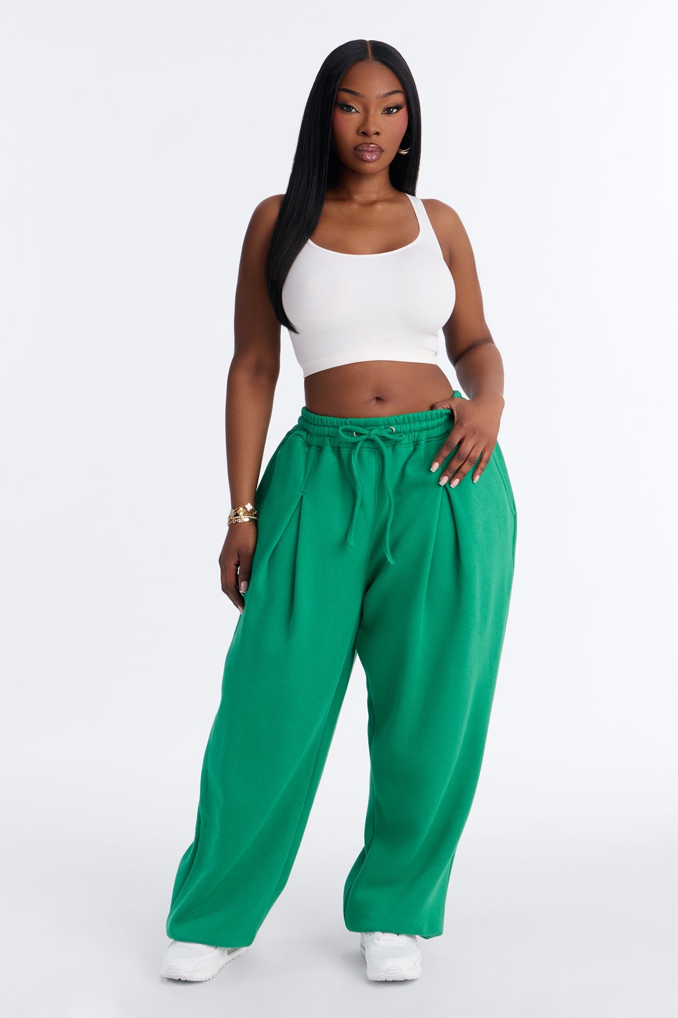 Mia Pleated Fleece Jogger Pants - Green