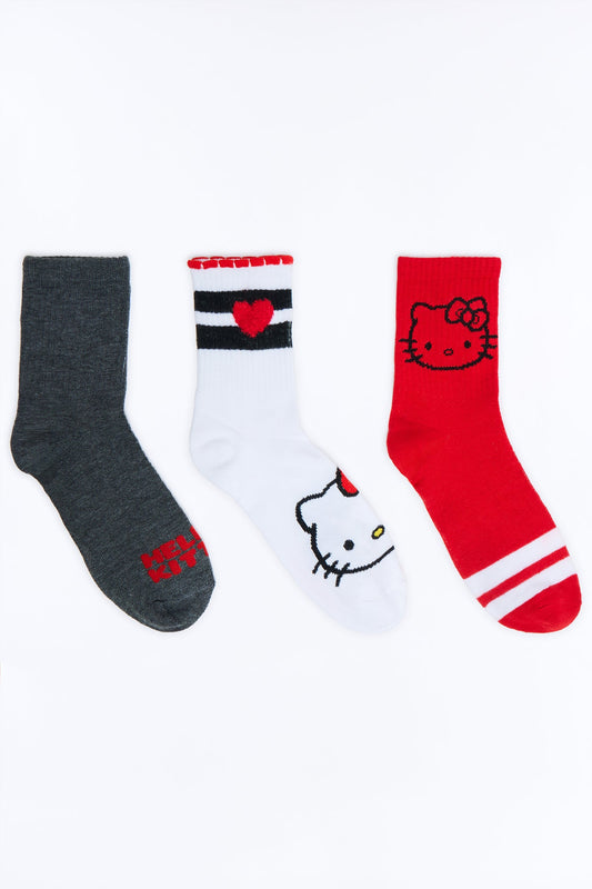 Hello Kitty Red Heart 3 Pack Crew Socks - Red/combo
