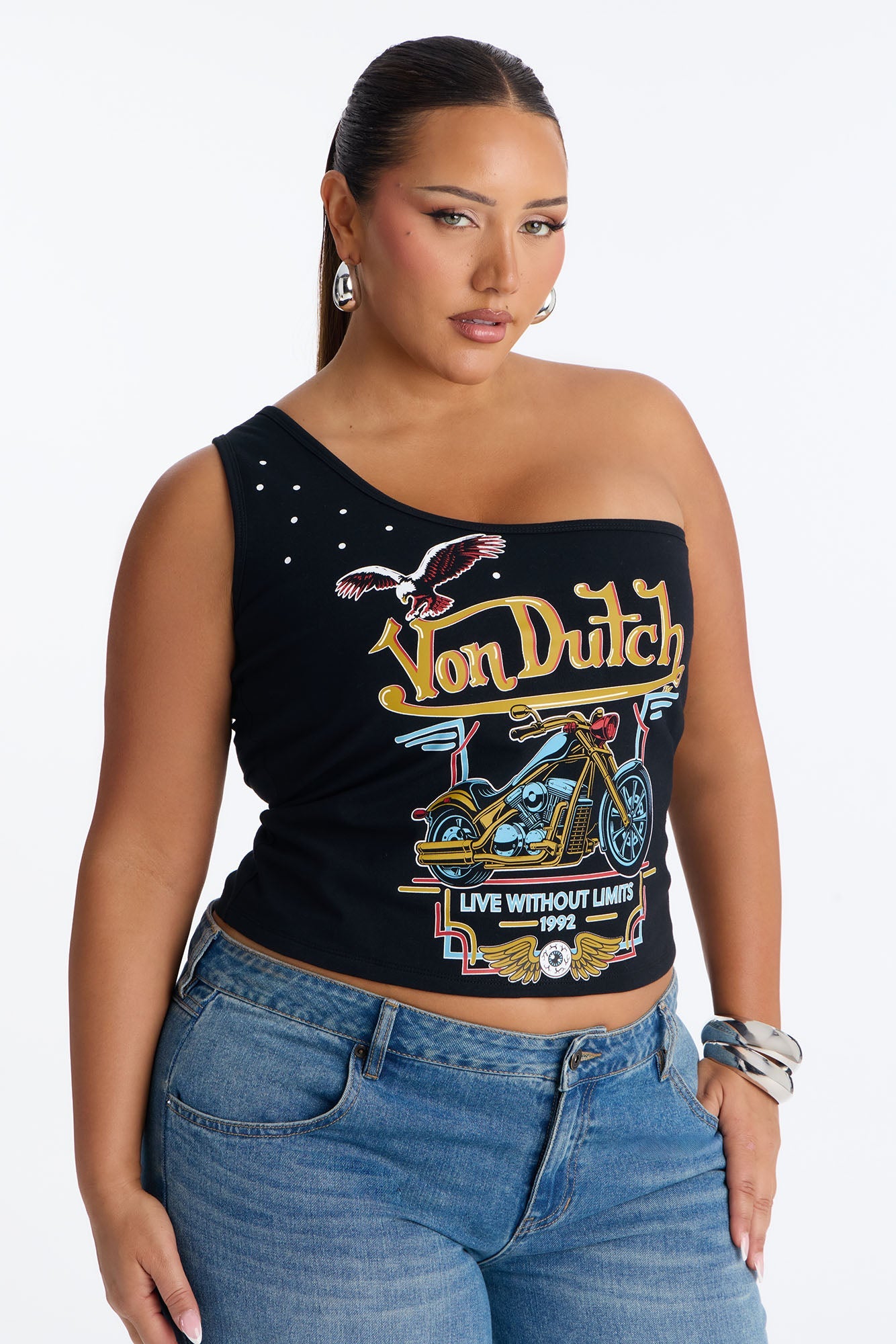 Von Dutch Rocker One Shoulder Tank With Studs - Black