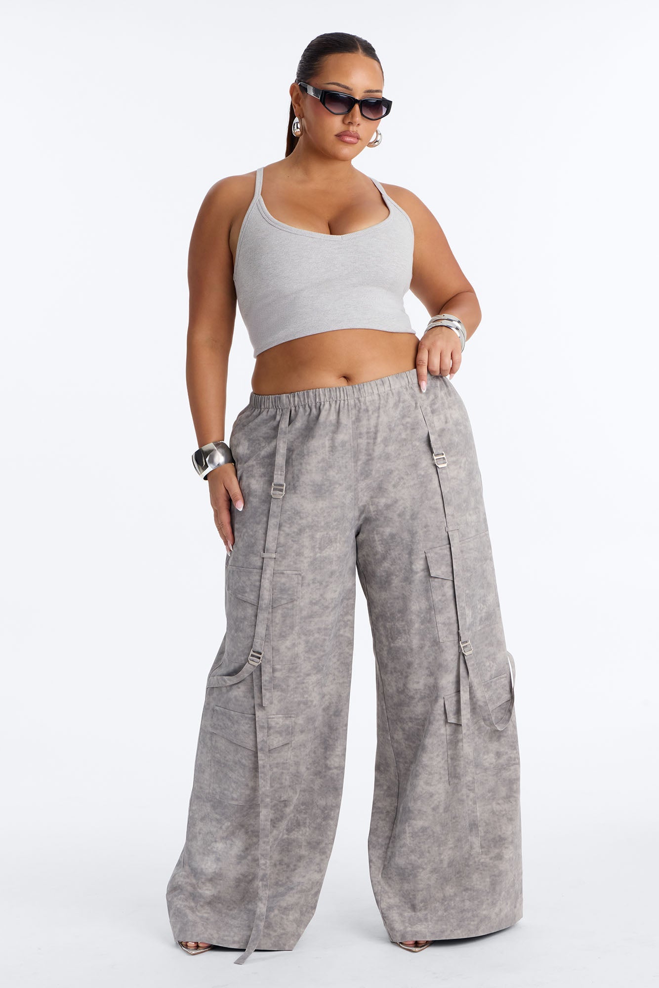 Wyn Low Rise Cargo Wide Leg Pant 34″ - Grey/combo
