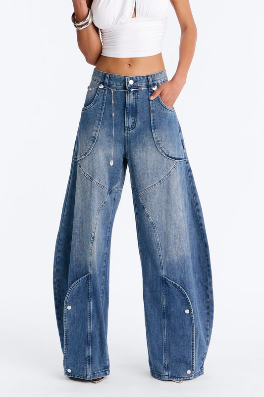 Meet Me Somewhere Chain Belted Barrel Jeans - Vintage Wash